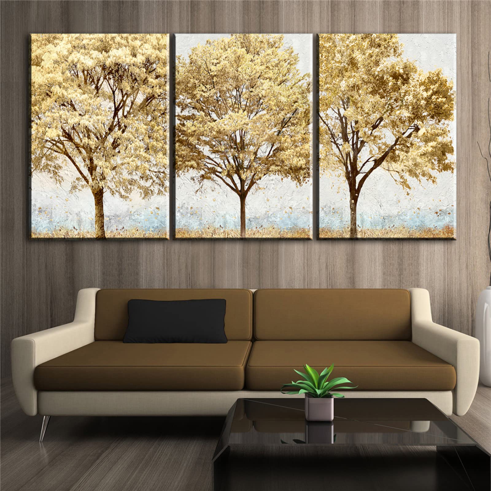 Toile Arbre De Vie Élégant Feuilles D’Or – Paysage Automne Doré Beige – Poster Mural 50x100 Cm Sans Cadre