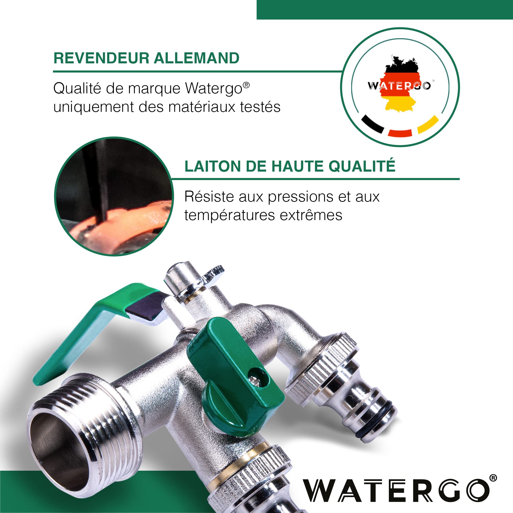 Robinet Double Extérieur WATERGO - Laiton Chromé - 1/2" Entrée, 2x 3/4" Sorties - Antigel Jardin