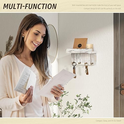 Miniatura 9 de Rebee Vision Soporte de pared para llaves de granja, soporte pequeño para llaves y correo para pared con 4 ganchos y mini estante flotante, ideal