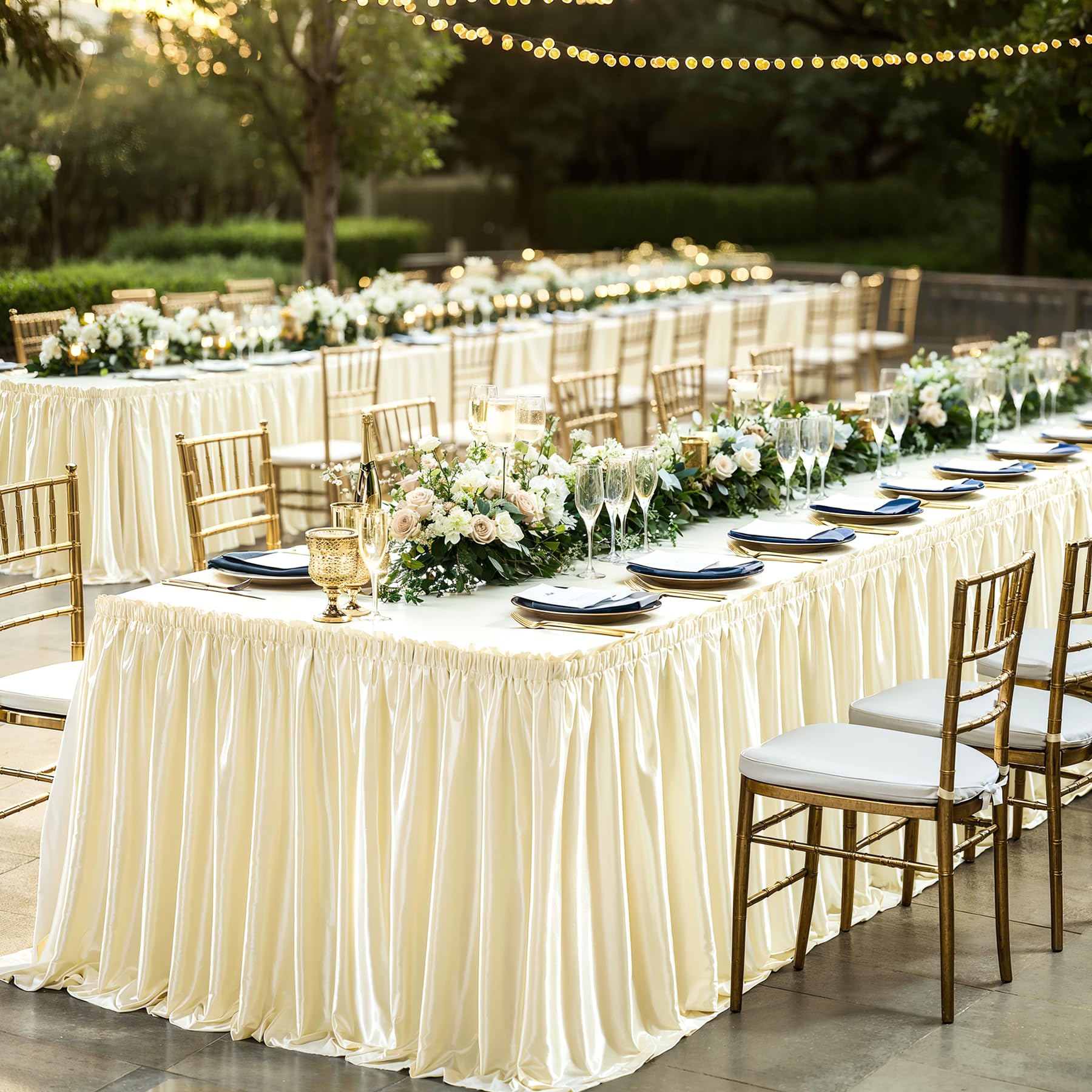 14ft Length Champagne Satin Table Skirt for Rectangle Tables-Wrinkle Resistant Ruffle Table Skirting Glitter Desk Cover Skirt for Weddings Birthday Party Stage Banquet Dining Table Decorations — image 1