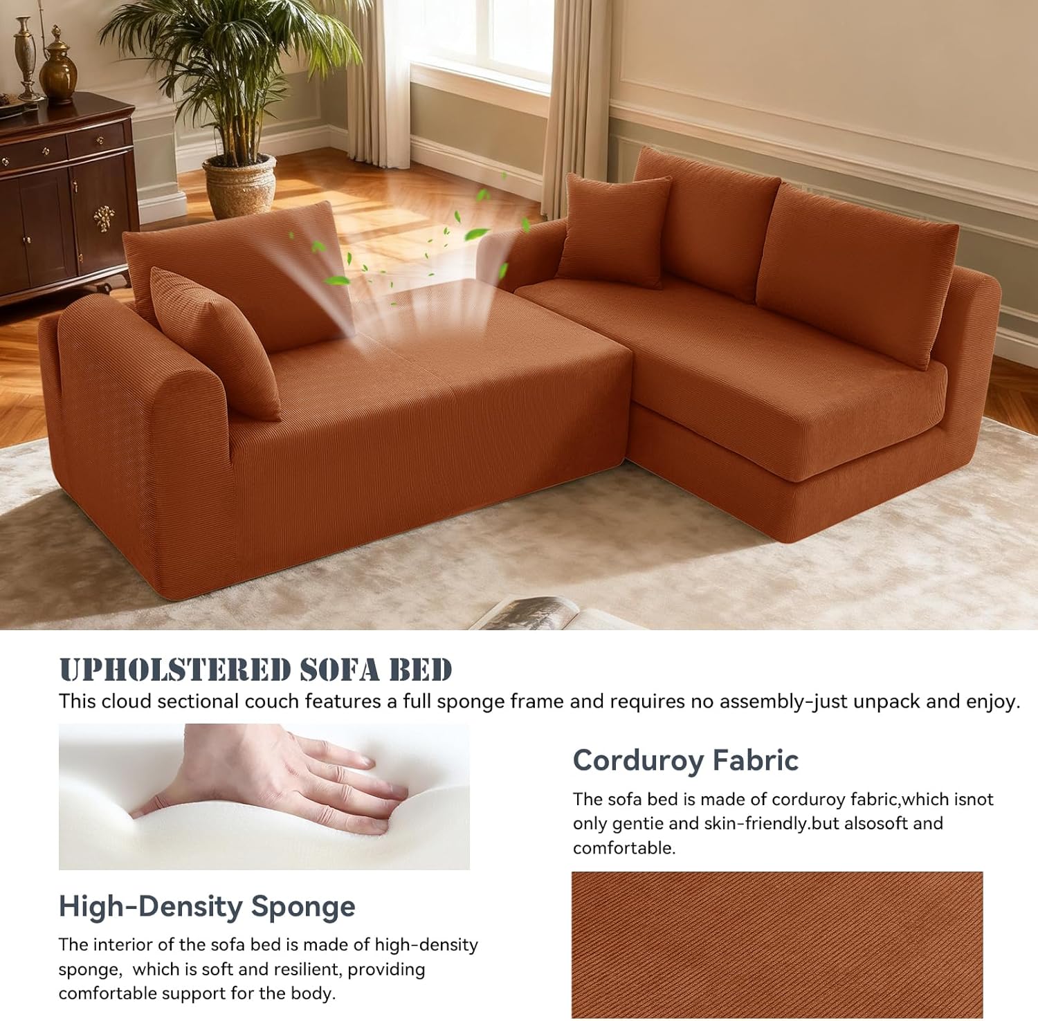 103 inch Cloud Sectional Couch, Modular Sectional Sofa with Deep Seat,Folding L-Shape Sofa Bed,Corduroy Boneless Couch Bed for Living Room,No Assembly Required,(Orange,Right Facing Chaise)