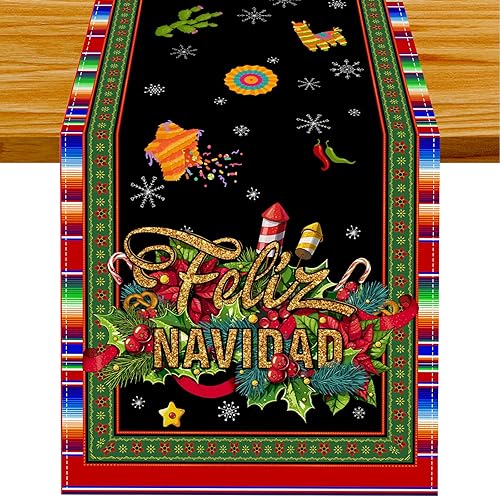 FARMNALL Camino de mesa de Navidad mexicano Serape de lino decoraciones de Feliz Navidad Navidad mexicana Navidad invierno vacaciones hogar