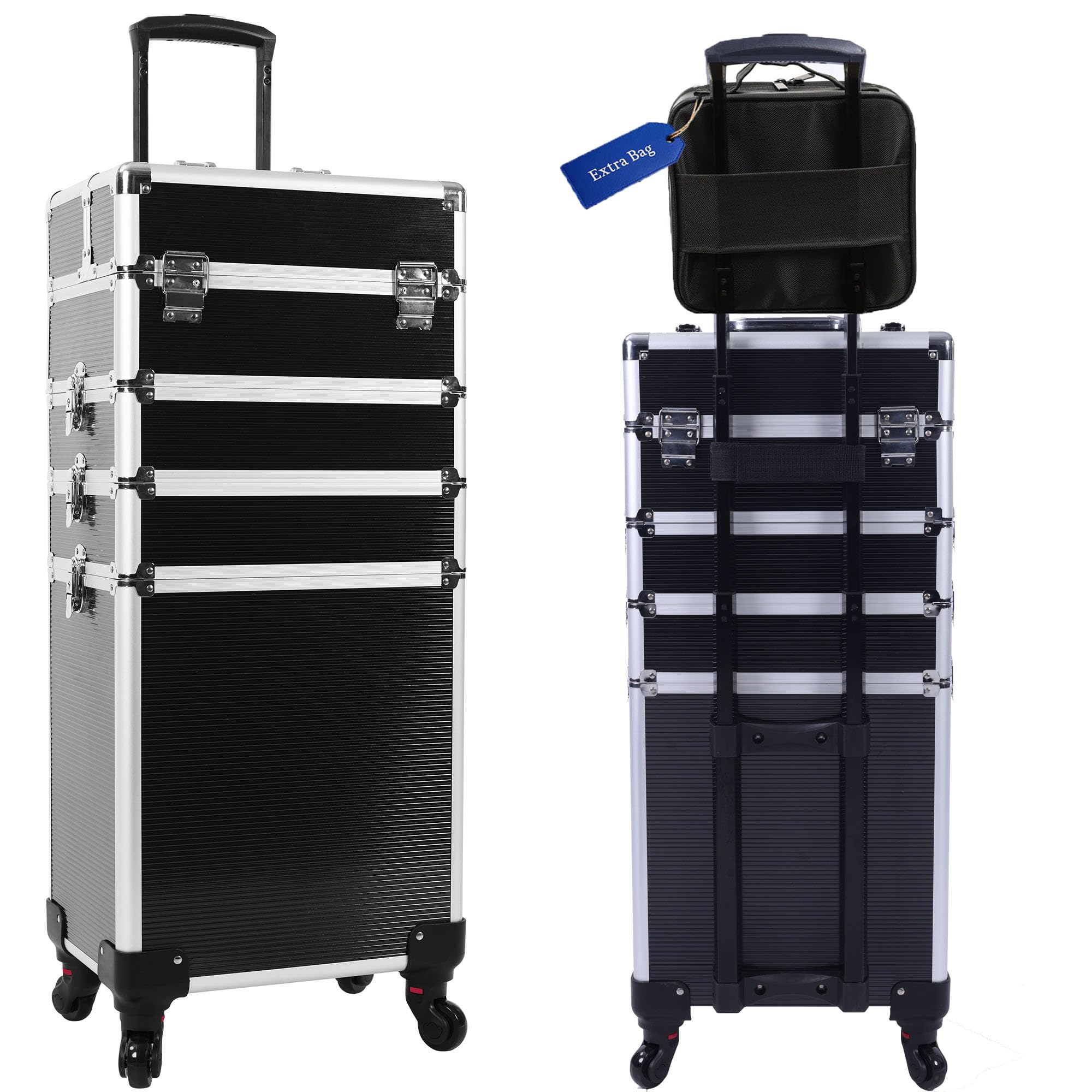5 in 1 Professional Makeup Train Case Aluminum Cosmetic Case Rolling Makeup Case ExtraLarge Storage Organizer with Key Swivel Wheels Salon Barber Case for Make Up Nail Hairstylists, Black