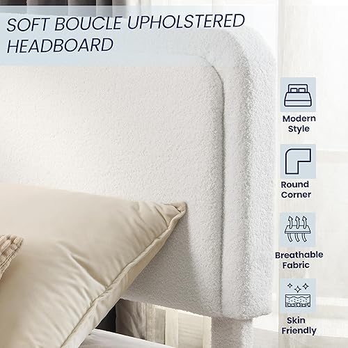 Miniatura 6 de Flolinda Base de cama tapizada de tamaño matrimonial con cabecera ajustable, plataforma moderna con listones de madera de tela Boucle, perfil bajo,