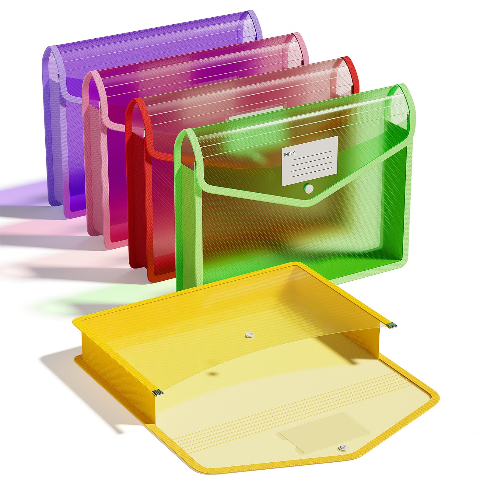 ThinkTex A4 Plastic File Folder, 5 Pcs Document Folder Transparent envelopes with Snap Closure, No Dividers, Large Capacity, Assorted Colors, for School Office Home