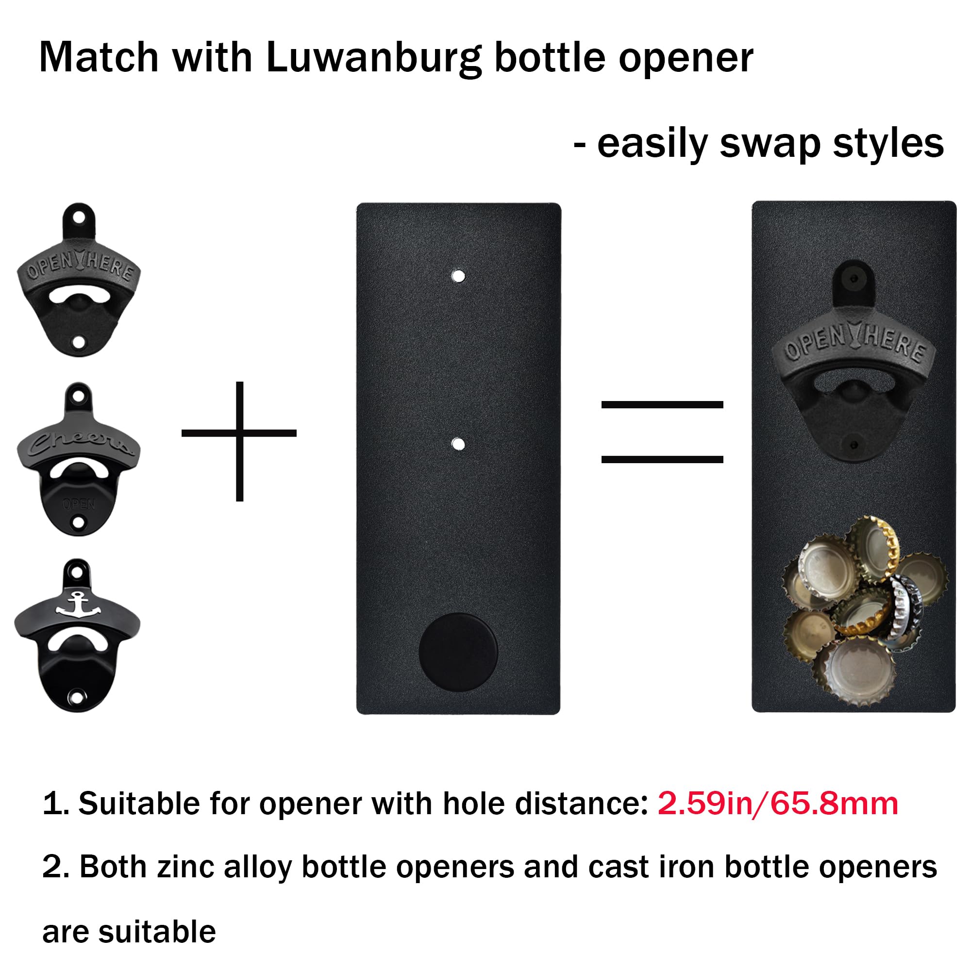 Abridor de botellas de hierro fundido negro montado en la pared con tapa magnética, tablero de metal para nevera de cocina