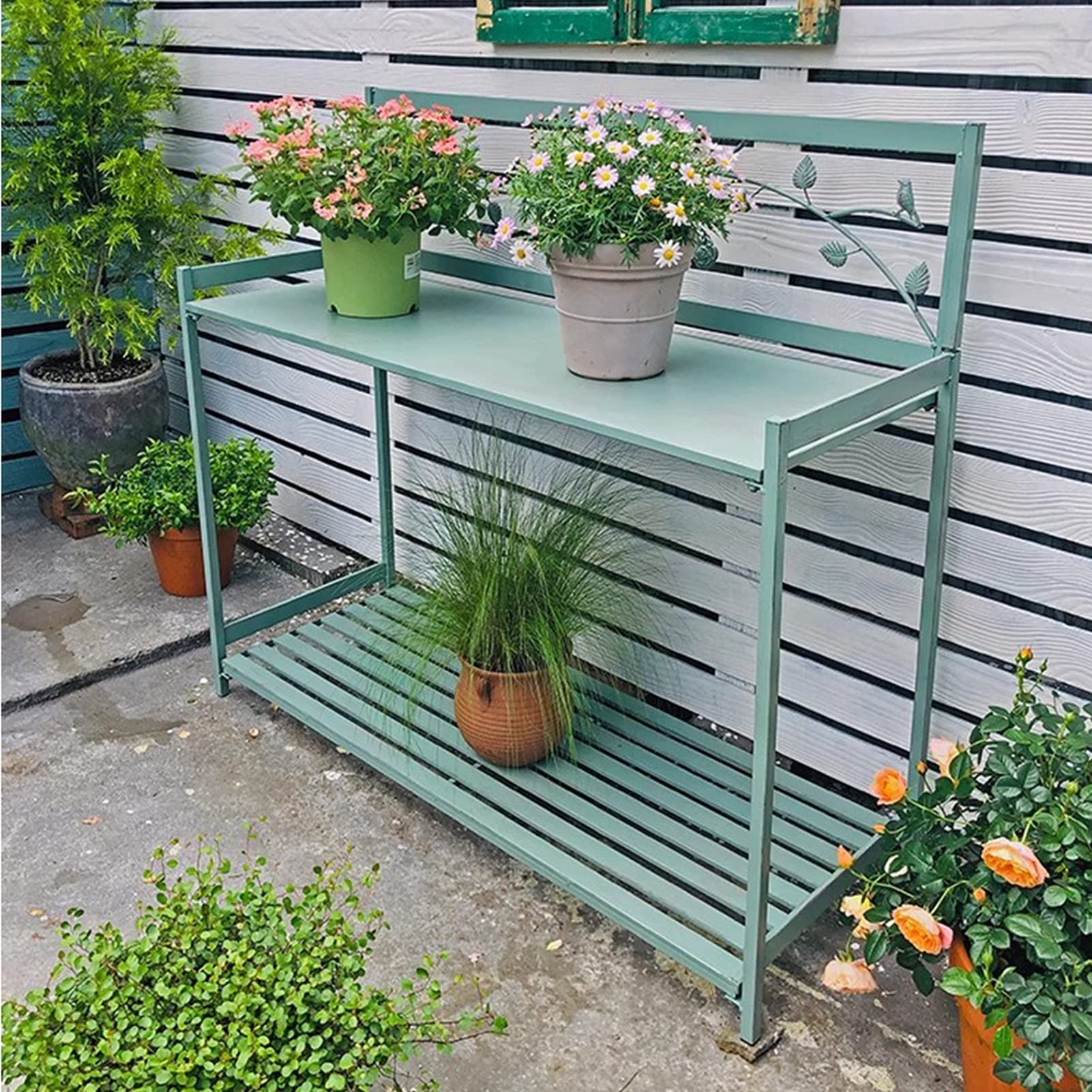 Pflanzbank, Gartentisch aus Metall für den Außenbereich, mit 2-stöckigem offenem Regal, Terrassenarbeitsplatz für Bepflanzung und Gartenarbeit, langlebiges und funktionales Design