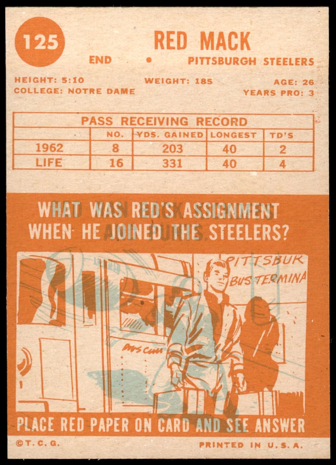1963 Topps #125 Red Mack Pittsburgh Steelers (Football Card) NM Steelers Notre Dame