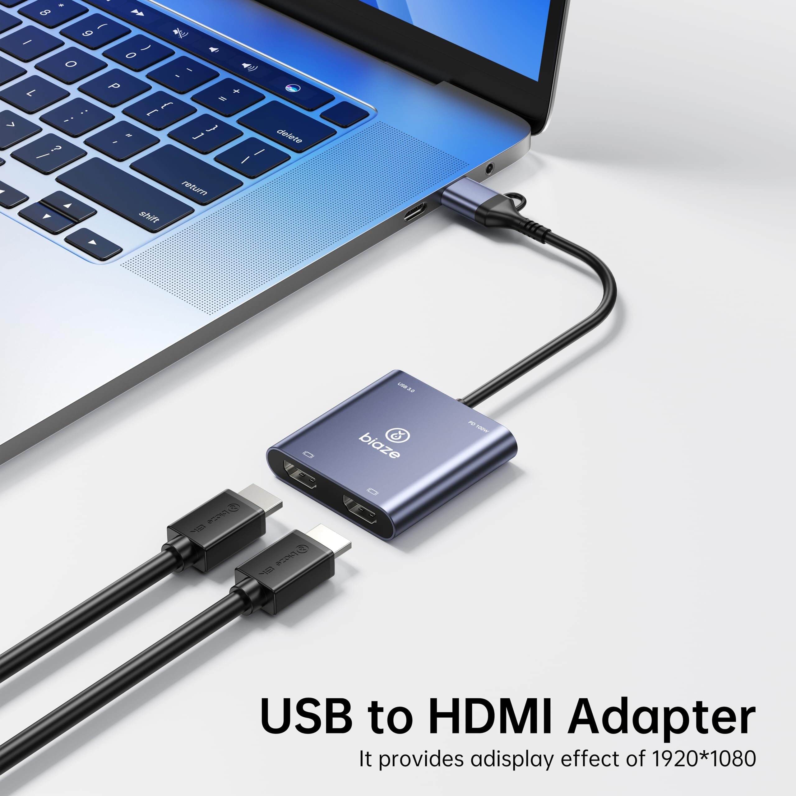 Adattatore doppio HDMI, USB C e USB 3.0 a doppio hub HDMI 60Hz con ricarica PD da 100 W, adattatore per display esteso per 2 monitor per MacBook M1/M2/M3, laptop Windows, iPad Pro, Chromebook