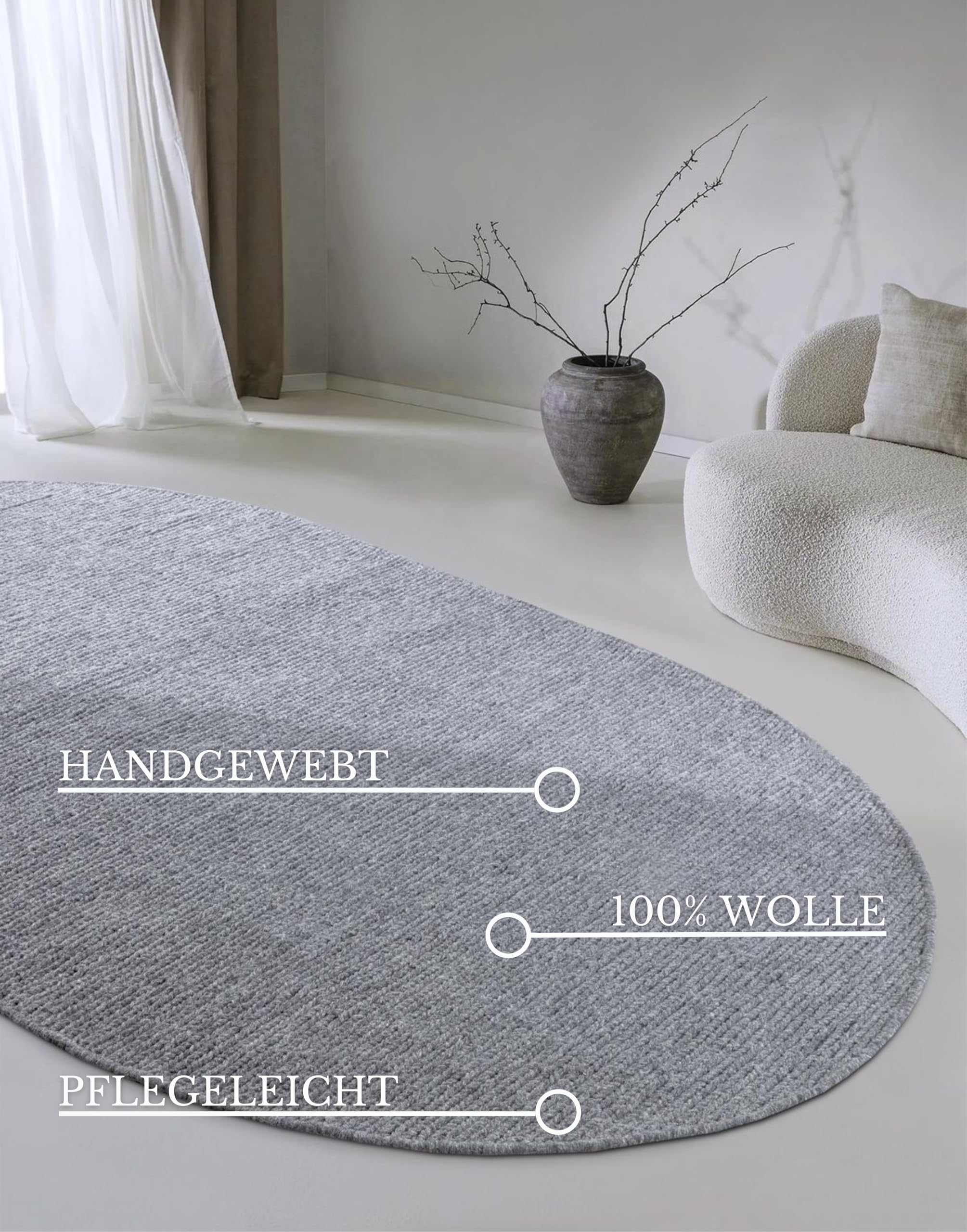 Villeroy & Boch Tapis en Laine Francois Ovale - Naturel - Tissé à la Main et Naturel - Tapis bohème en Laine pour Salon, Chambre à Coucher, Salle à Manger, Couloir, Cuisine - Argenté - 160 x 230 cm