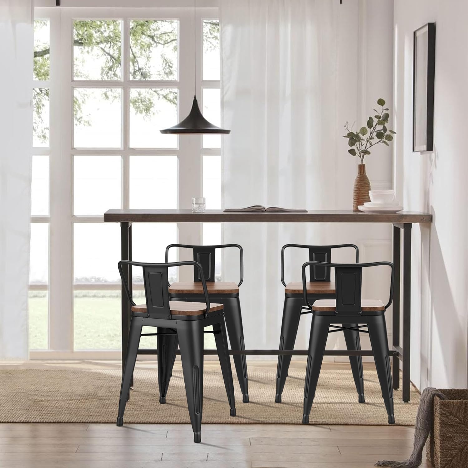 Set of 4 Black Metal and Wood Industrial Bar Stools