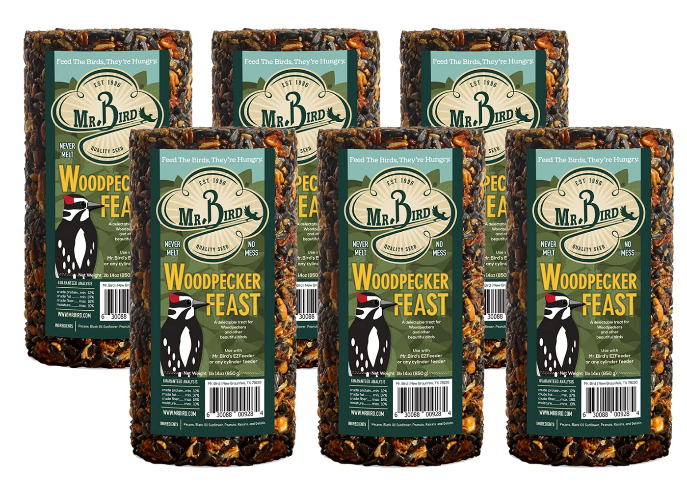 6-Pack Mr. Bird Woodpecker Feast Small Cylinder | Wild Bird Food for Outdoor Birds | Backyard Birdfeeding
