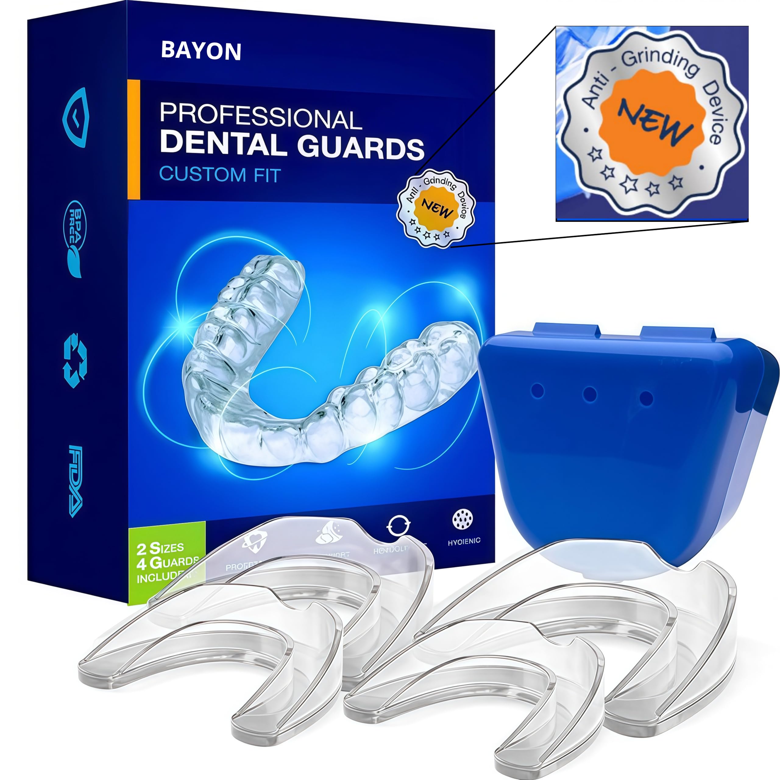 BAYON Férula Descarga Bruxismo Dental Noche – Pack 4 Unidades (2 Pequeñas + 2 Grandes) – Protector Bucal para Dormir – Férula Dental Anti Bruxismo Ajustable y Reutilizable