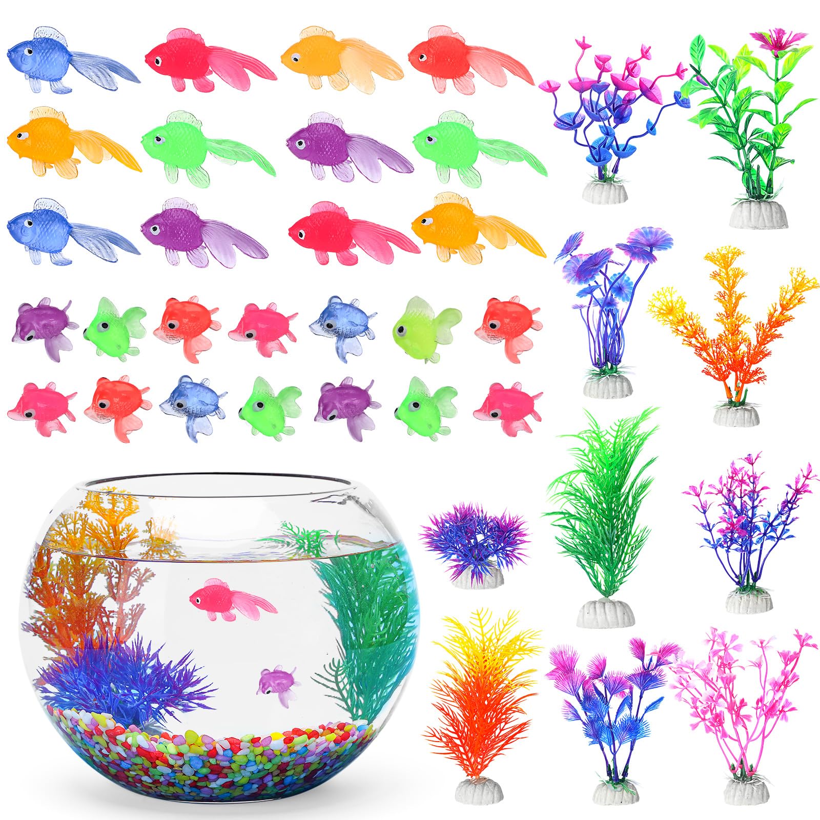 Jexine 60 Pcs Fish Tank Decoration Supplies Include 50 Pcs Floating Fake Goldfish 10 Pcs Artificial Aquatic Plant and 2. 75 Pounds Fish Tank Rocks for