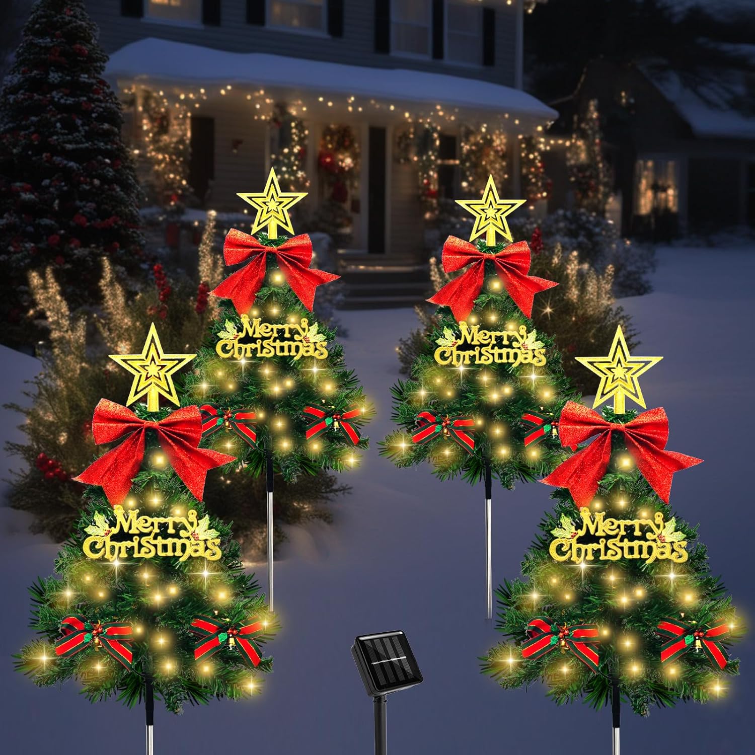 4 Pack Christmas Tree Solar Pathway Lights Outdoor Decorations, Waterproof Artificial Mini Xmas Tree Stake Lights with DIY Ornamets for Garden Yard Porch Decor (Green Tree)