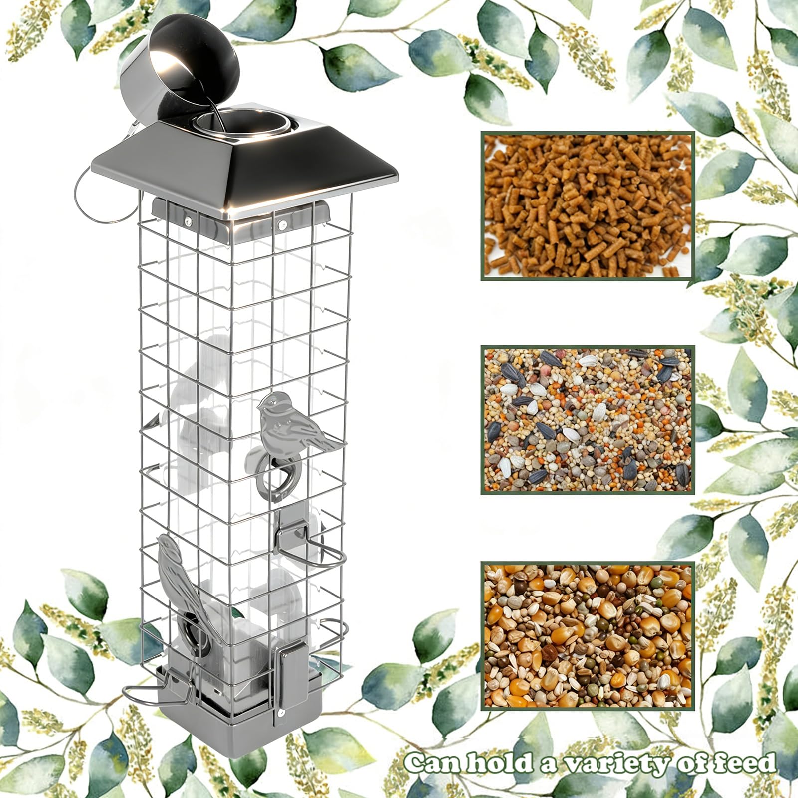 Comederos de pájaros a Prueba de Ardillas para Exteriores, comedero de Metal para pájaros Silvestres para Colgar en el Exterior, 4 Puertos, Gran Capacidad de 3 Libras (Gris)