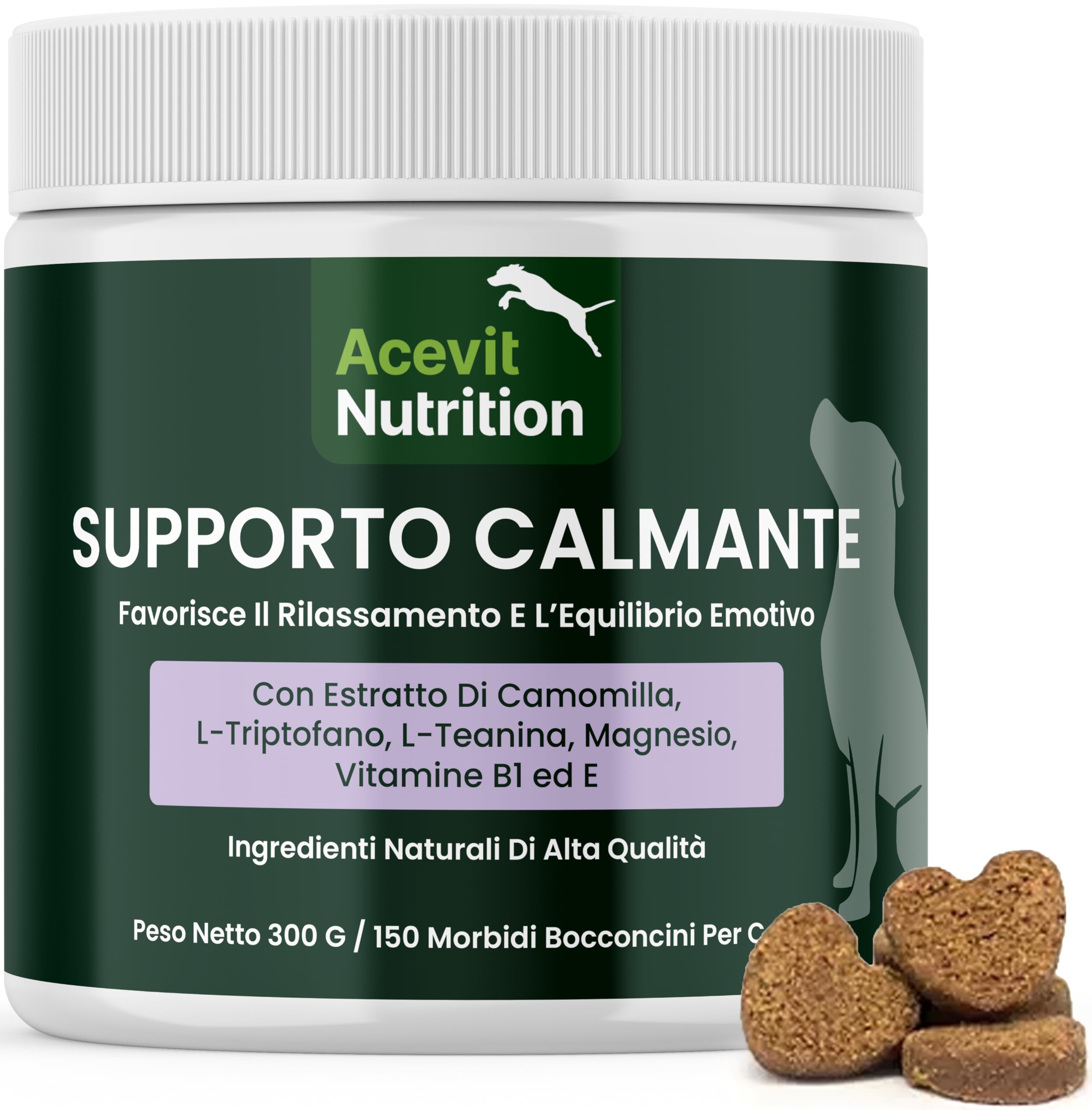 Calmante per Cani, 150 bocconcini, 100% Naturale – Antistress Naturale con L-Triptofano e L-Teanina – Aiuta contro Ansia, Stress e Nervosismo – Supporto Emotivo Senza Sonnolenza | Acevit Nutrition