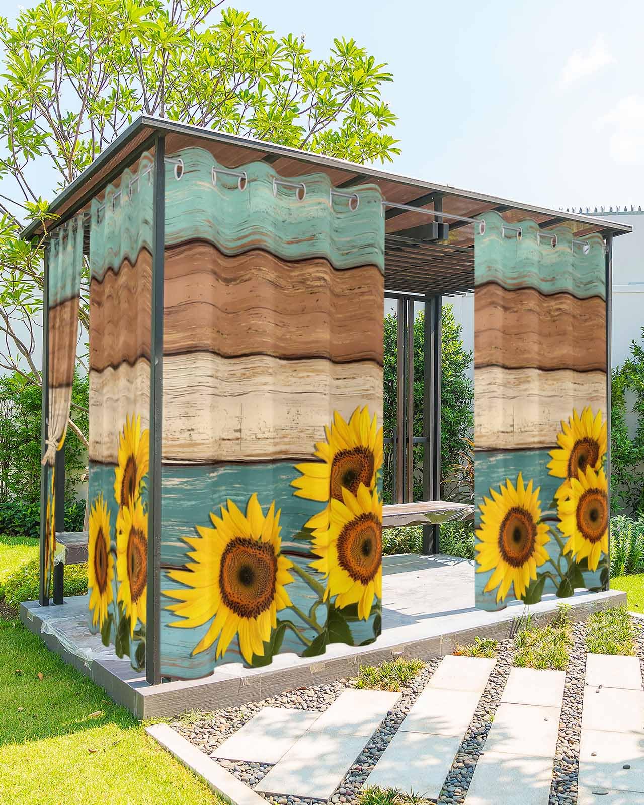 Litter Star Waterproof Outdoor Curtains for Patio Porch, Farm Floral Yellow Sunflower Grommet Curtain Panel Windproof Outside Curtains Tieback, Ombre Teal Brown Board Weighted Window Treatment Drapes