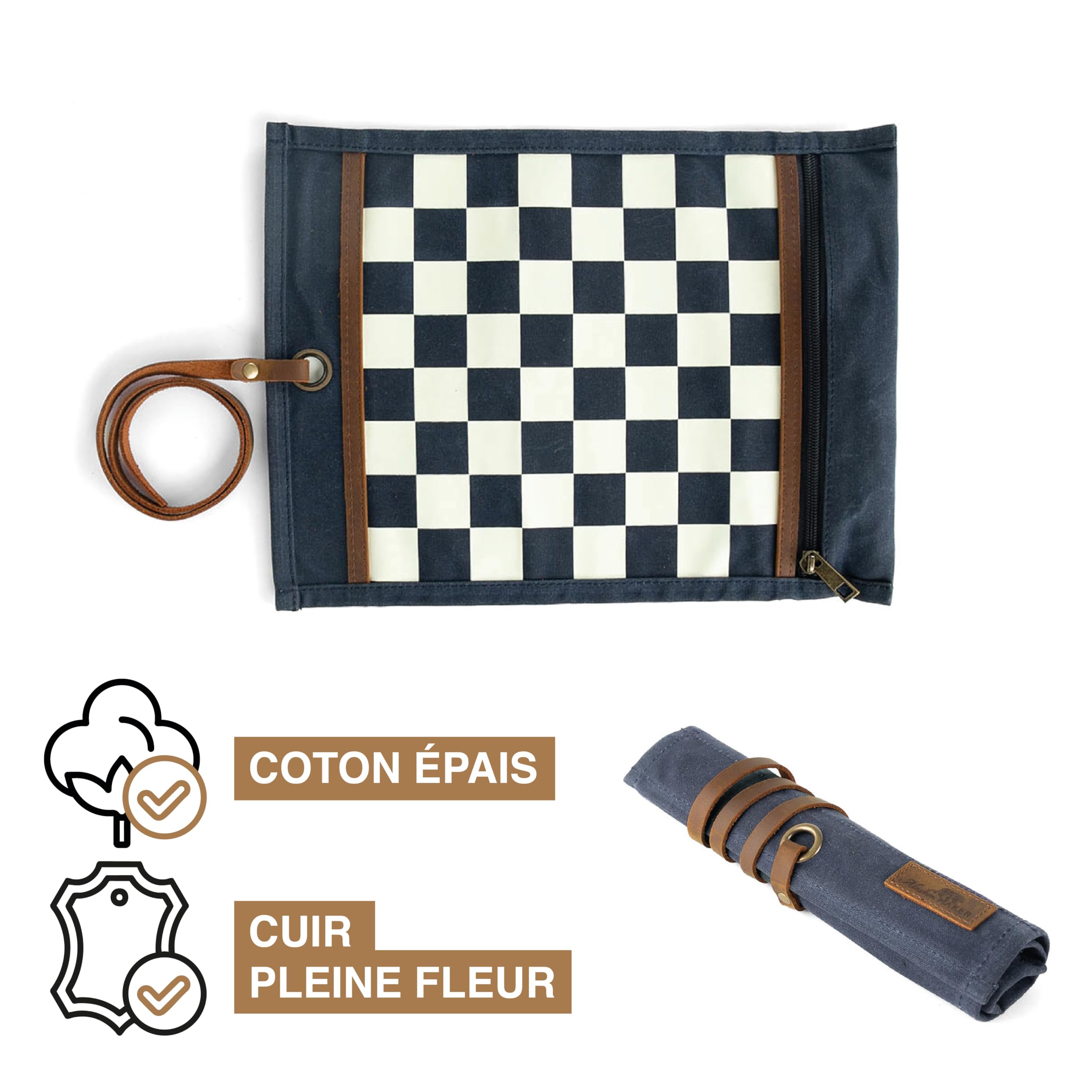 Alaskan MAKER - Juego de ajedrez y mujer 2 en 1 - Alfombra de lona waxee enrollable - Peones de madera - Cordón de cuero de grano completo - Ideal para viajar y jugar en cualquier lugar (azul marino)