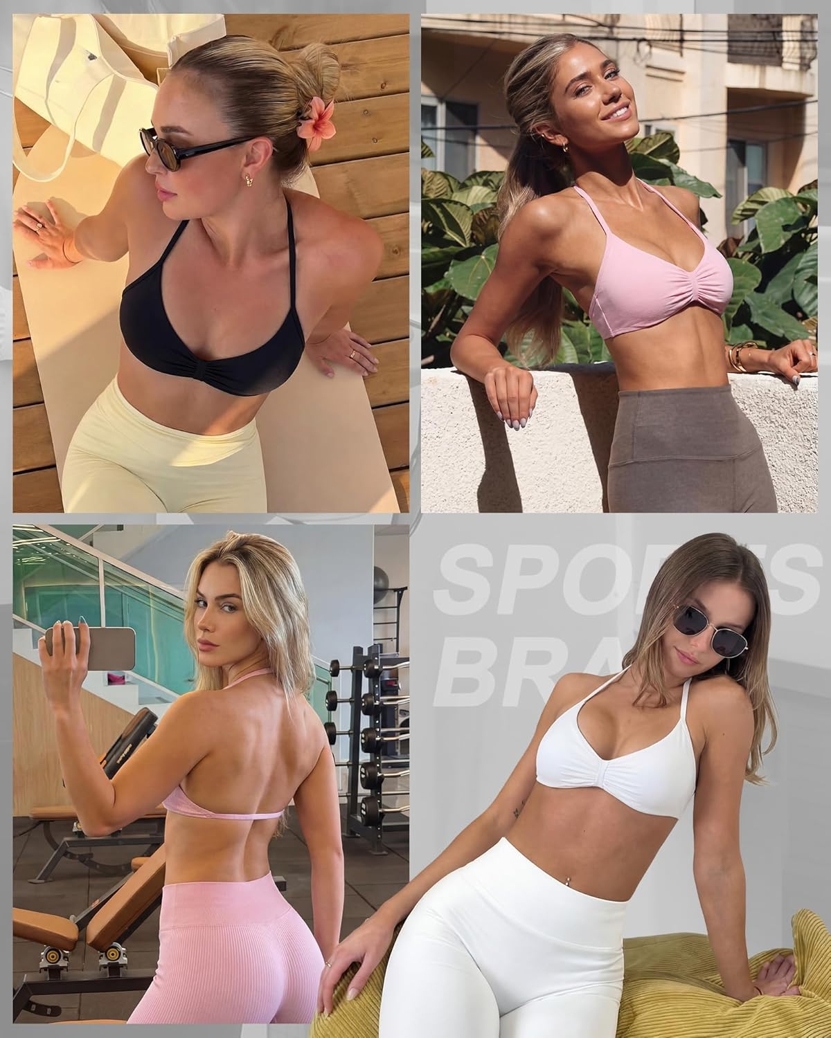 Coume Womens 3 Pack Halter Sports Bras Padded Impact Strappy Bra Open Back V Neck Bras Workout Gym Yoga with Removable Cups