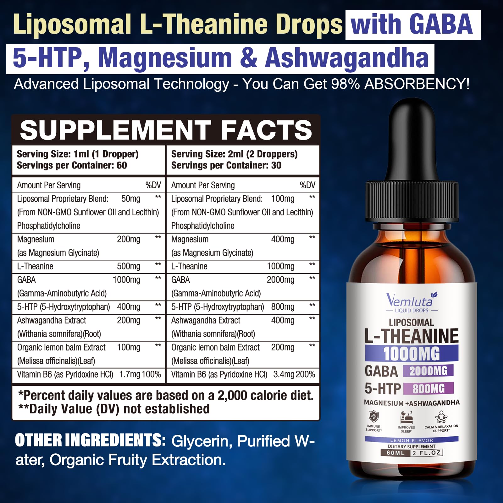 2 Packs Liposomal GABA + L Theanine 1000mg ＆5-HTP Sleep Supplement Liquid with Magnesium, Ashwagandha for Brain＆ Mood Stabilizer,Natural Zzz- Non-Drowsy Support Made for Men & Women, 4 FL Oz — Amazon image 2
