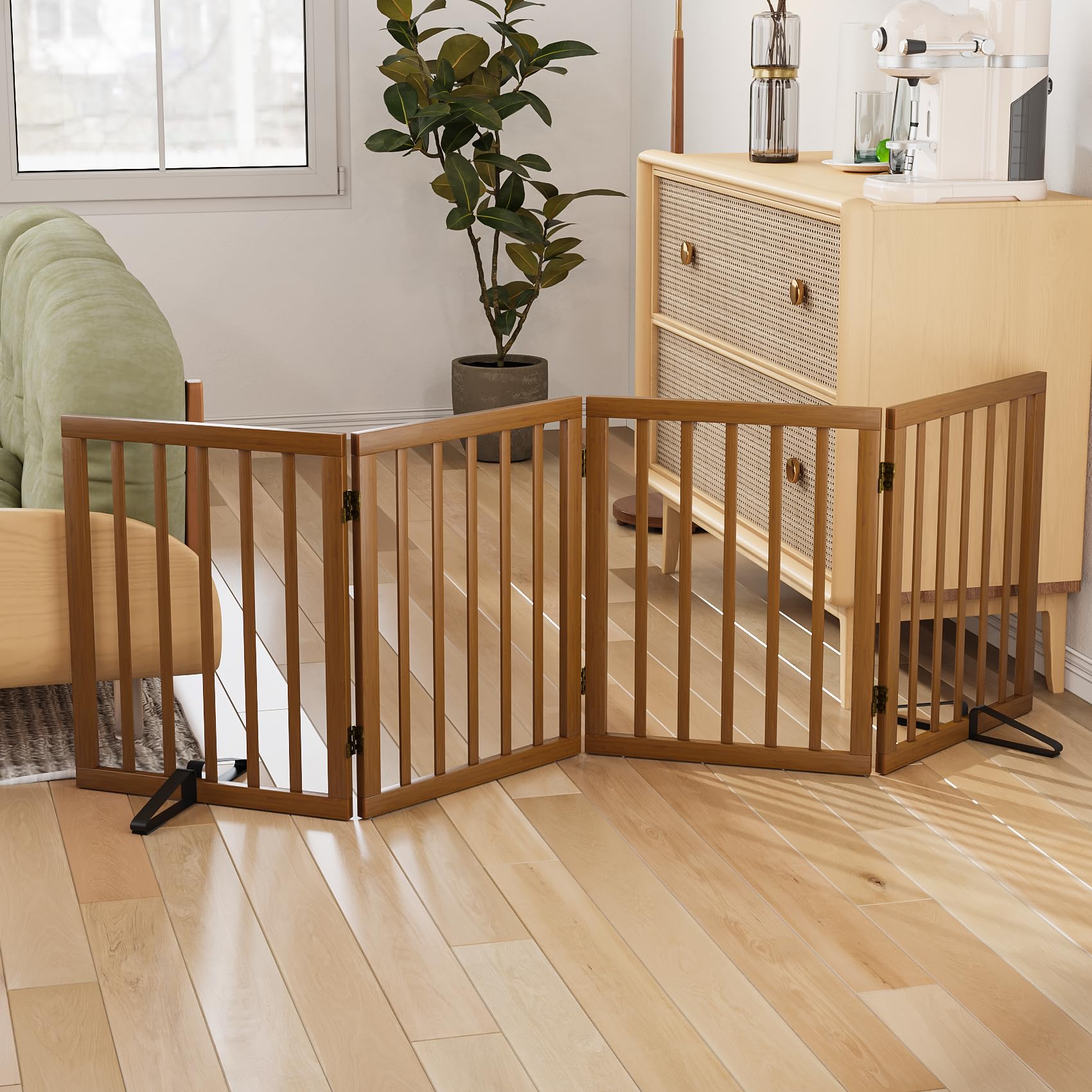 Puerta de madera para perros de 60 cm de alto, puerta plegable independiente para mascotas, puerta para puerta, escalera interior, puertas para cachorros, incluyendo 2 patas de Spport (nogal, 4