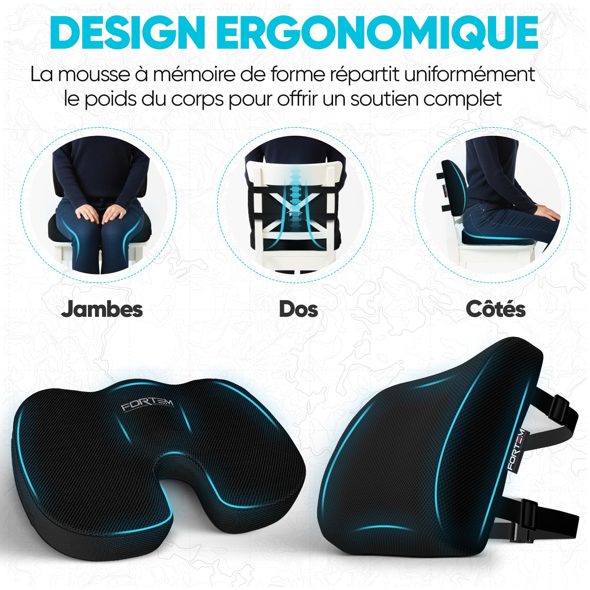 FORTEM Coussin Lombaire et d’Assise en Mousse à Mémoire de Forme, Antidérapant, pour Chaise de Bureau, Gaming et Siège Auto – Soutien Dos et Confort Prolongé