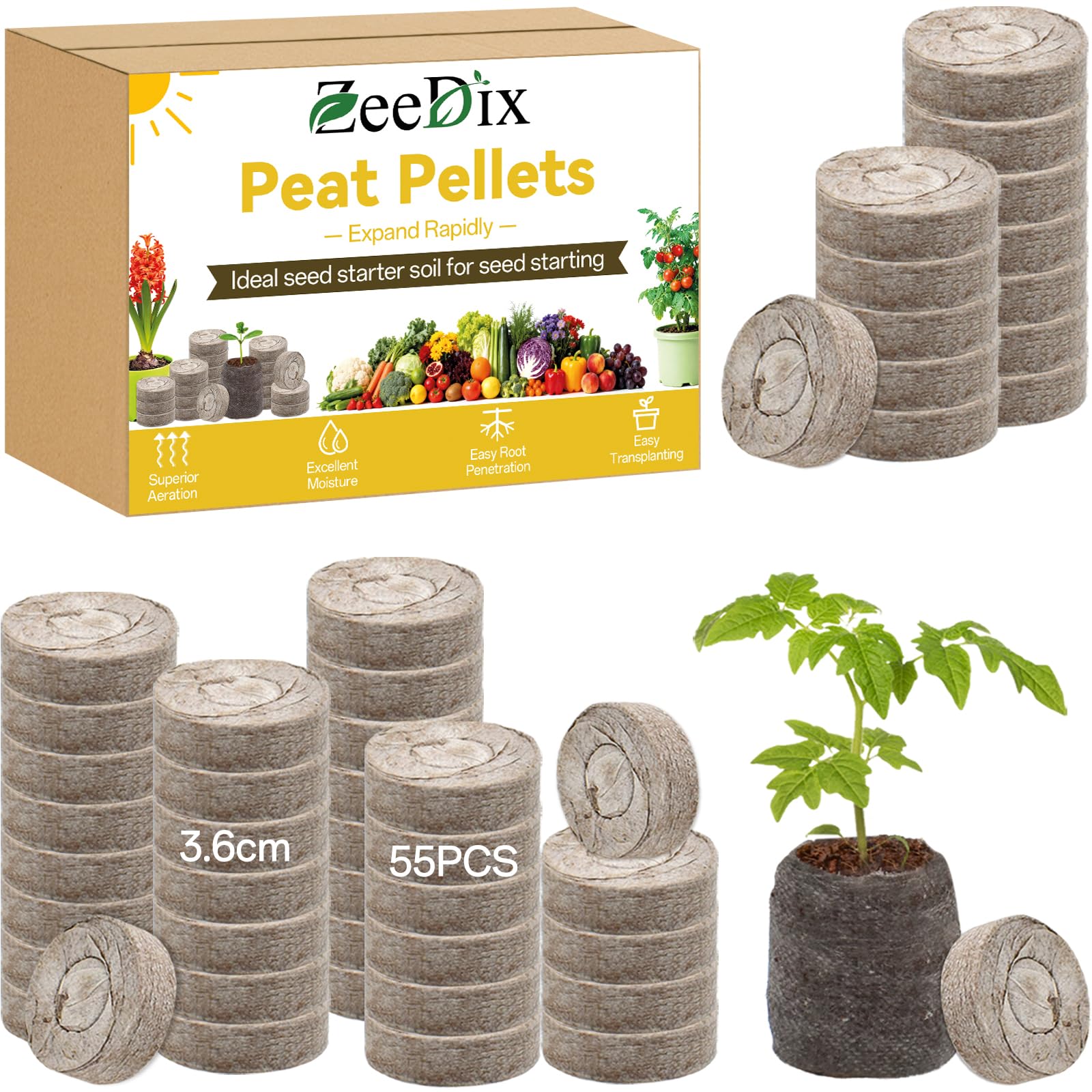 ZeeDix 55Pcs 36mm Organic Seed Starter Peat Pellets