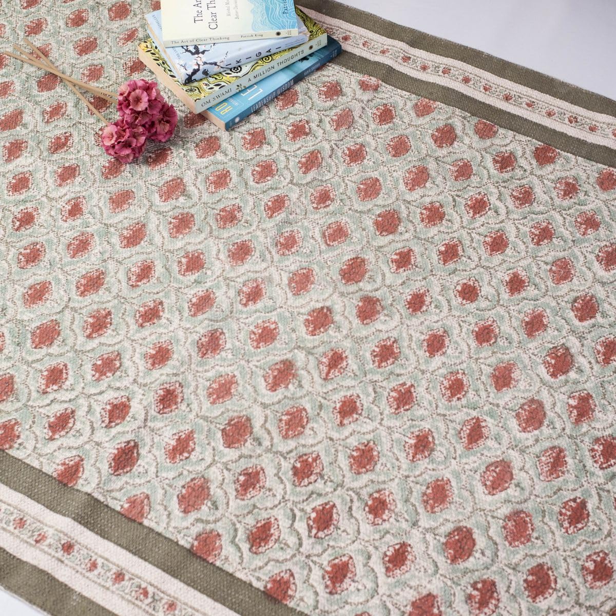 Peepul Tree Pure Cotton Hand Block Printed Rug in Green and Dusty Pink Colours with a Floral Design | Modern Carpet Durries for Living Room, Bedroom | 4 x 6 Ft | The Royal Courtyards Collection-image-28