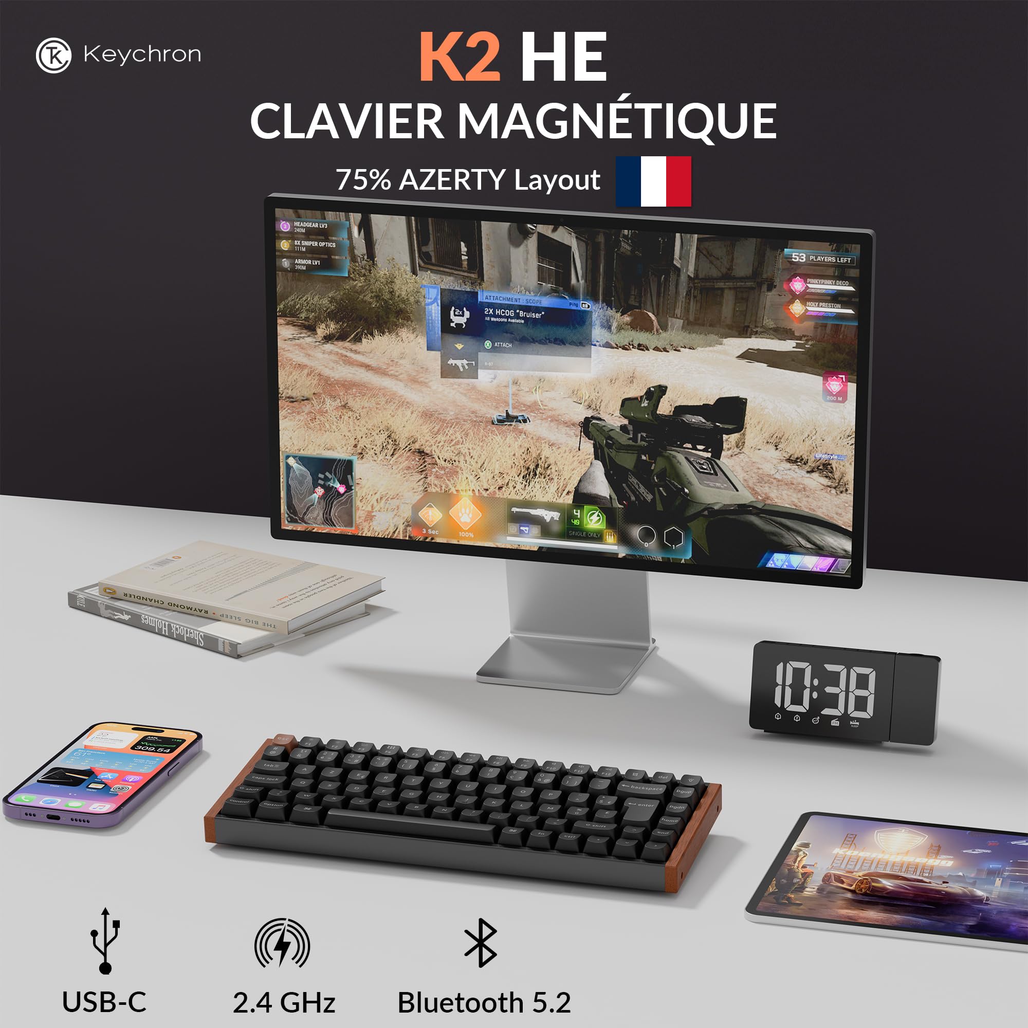 Keychron K2 HE Clavier sans Fil 2,4 GHz, 75% Clavier Gamer AZERTY Français, RGB, Hot-Swap, QMK/Via, Interrupteurs Magnétique Gateron À Double Rail Nebula pour Mac/Windows, Édition spéciale - Noir