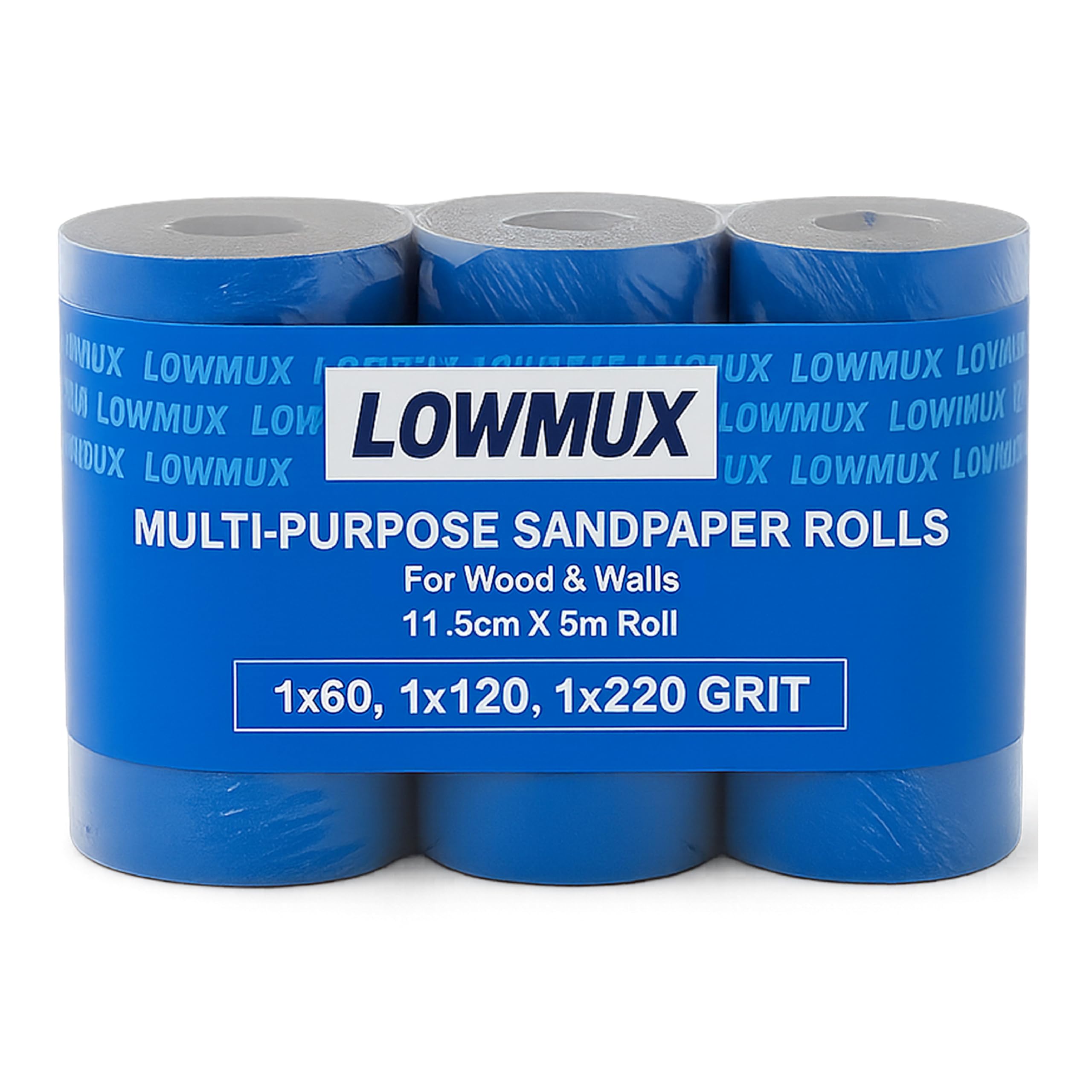 LowMux Sandpaper Rolls, 3 Pack (60, 120, 220 Grit), 11.5cm x 5m Each, Aluminium Oxide Sandpaper for Wood & Walls, Easy to Cut