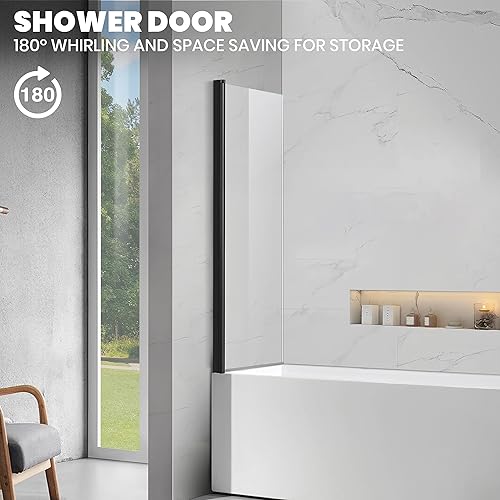 Miniatura 2 de Frameless Tub Shower Door, Clear Tempered Glass Bathroom Shower Door 30" W*55" H, Hinged Foldable Bathtub Screen with Brushed Gold Wall Profile