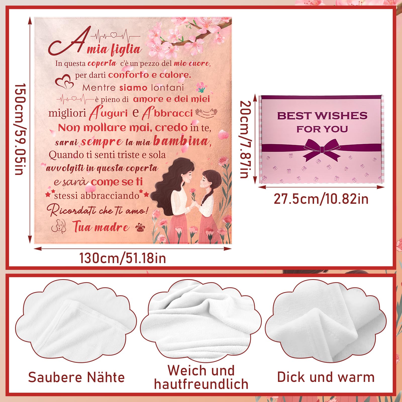 Coperta soffice regalo di compleanno per figlia, 150 x 129,5 cm (italiano)