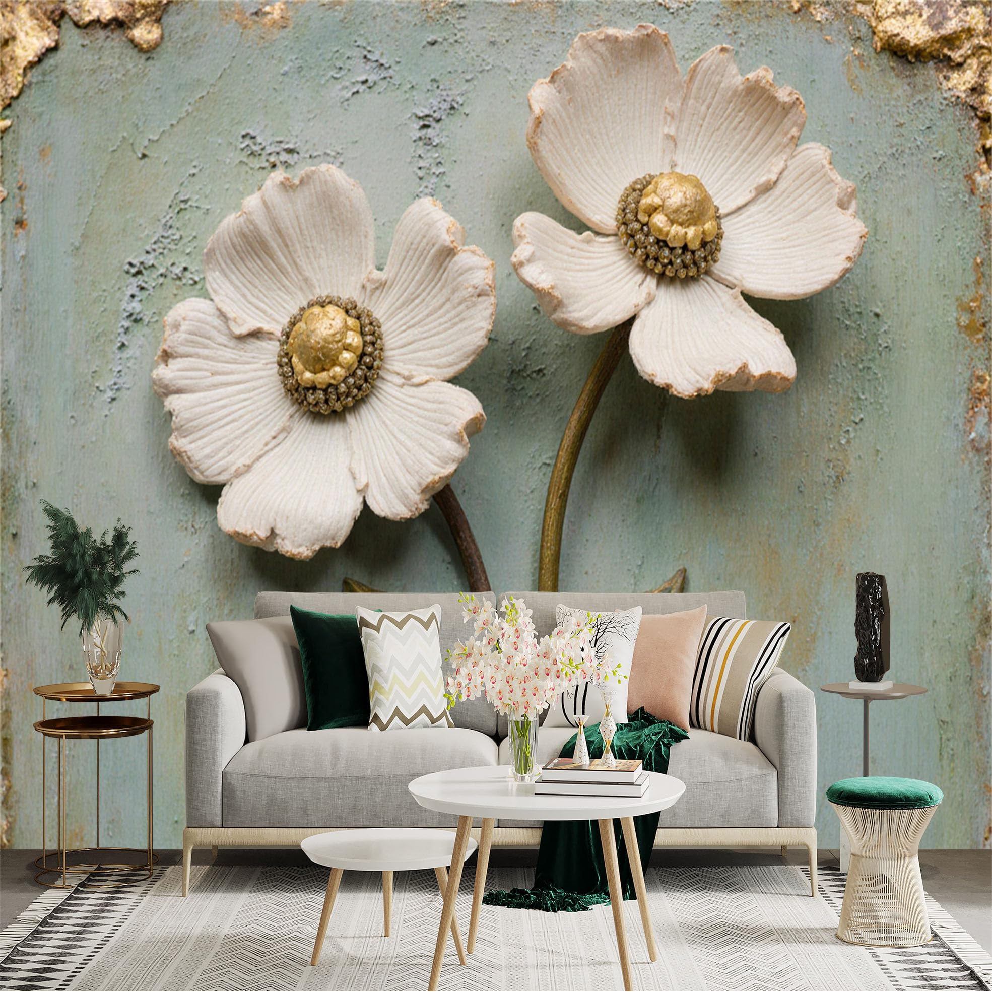 Custom Size Wall Sticker Mural， Elegant Relief White Flowers， Gold Accents， Vintage Textured Green Background， for wall Decoration， peelandstick wall Decals.
