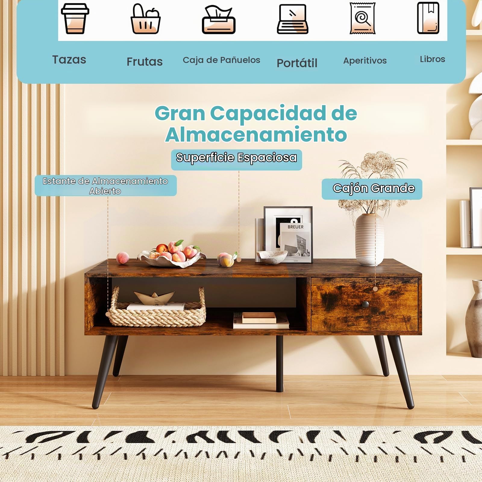 LIFEZEAL Mesa de Centro Rectangular, Mesa de café de Madera, Mueble de salón con Estante Abierto y cajón, Diseño Industrial, 109 x 55 x 39,5 cm (Marrón)
