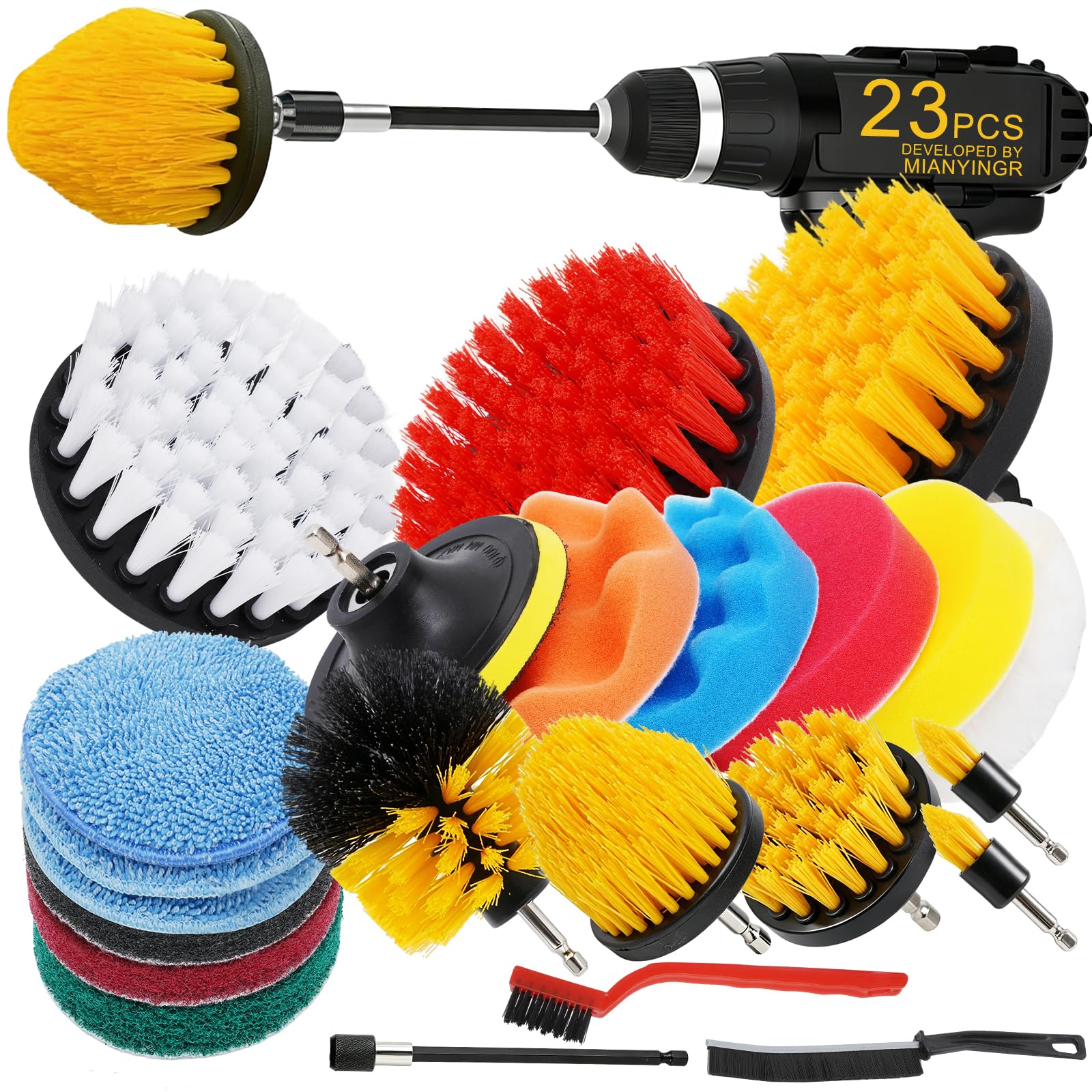 23Pcs Drill Brush Attachments, Power Scrubber Brushes with 2 Gap Brushes, Scrub Pads &amp; Sponge Polishing Pads, Car Polishing Kit, Cleaning Supplies for Bathroom Kitchen Auto (Yellow-23pcs)