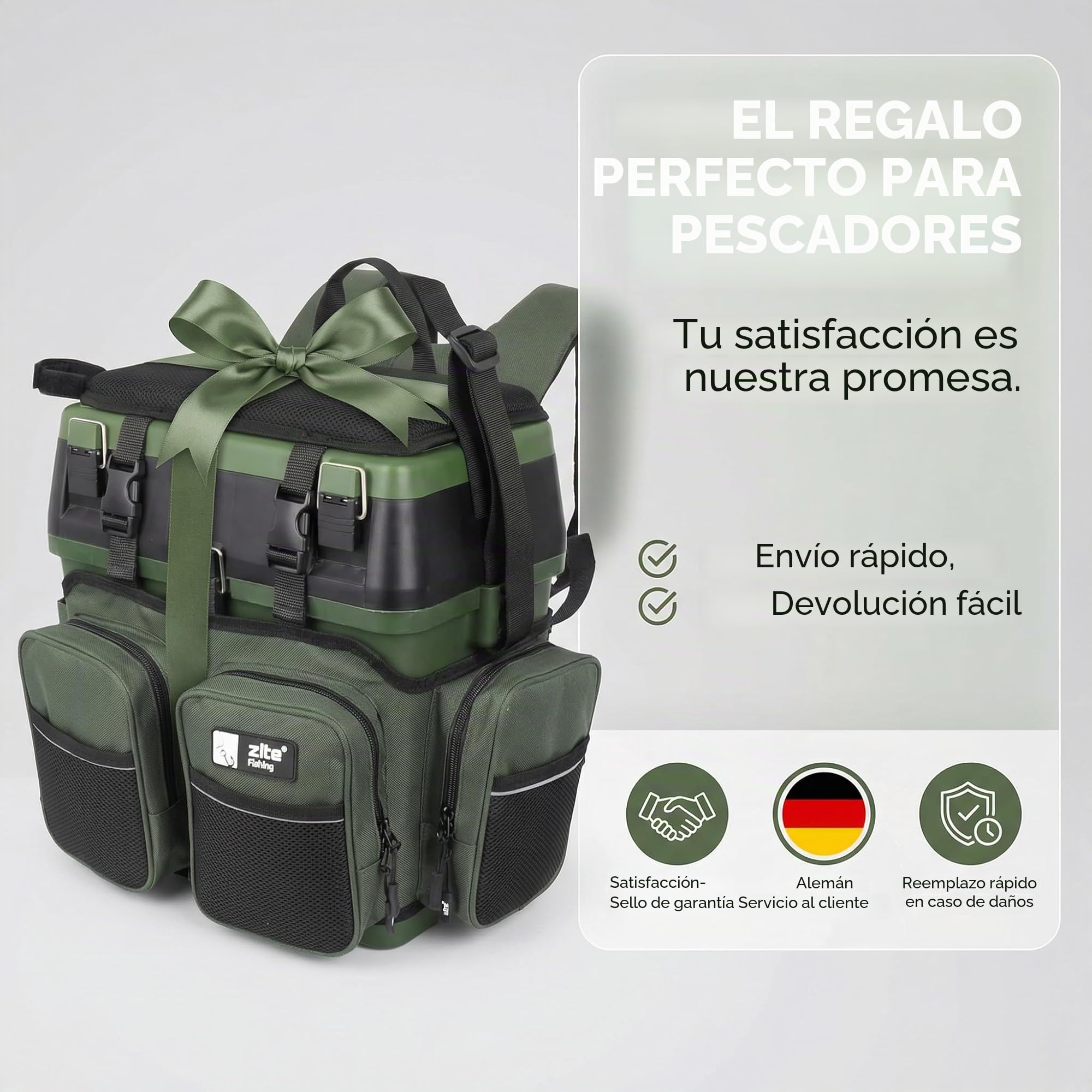 Zite Fishing Mochila Multifuncional con Asiento - Incluye 4 Cajas de plástico en la Tapa - Ideal para Guardar Accesorios de Pesca