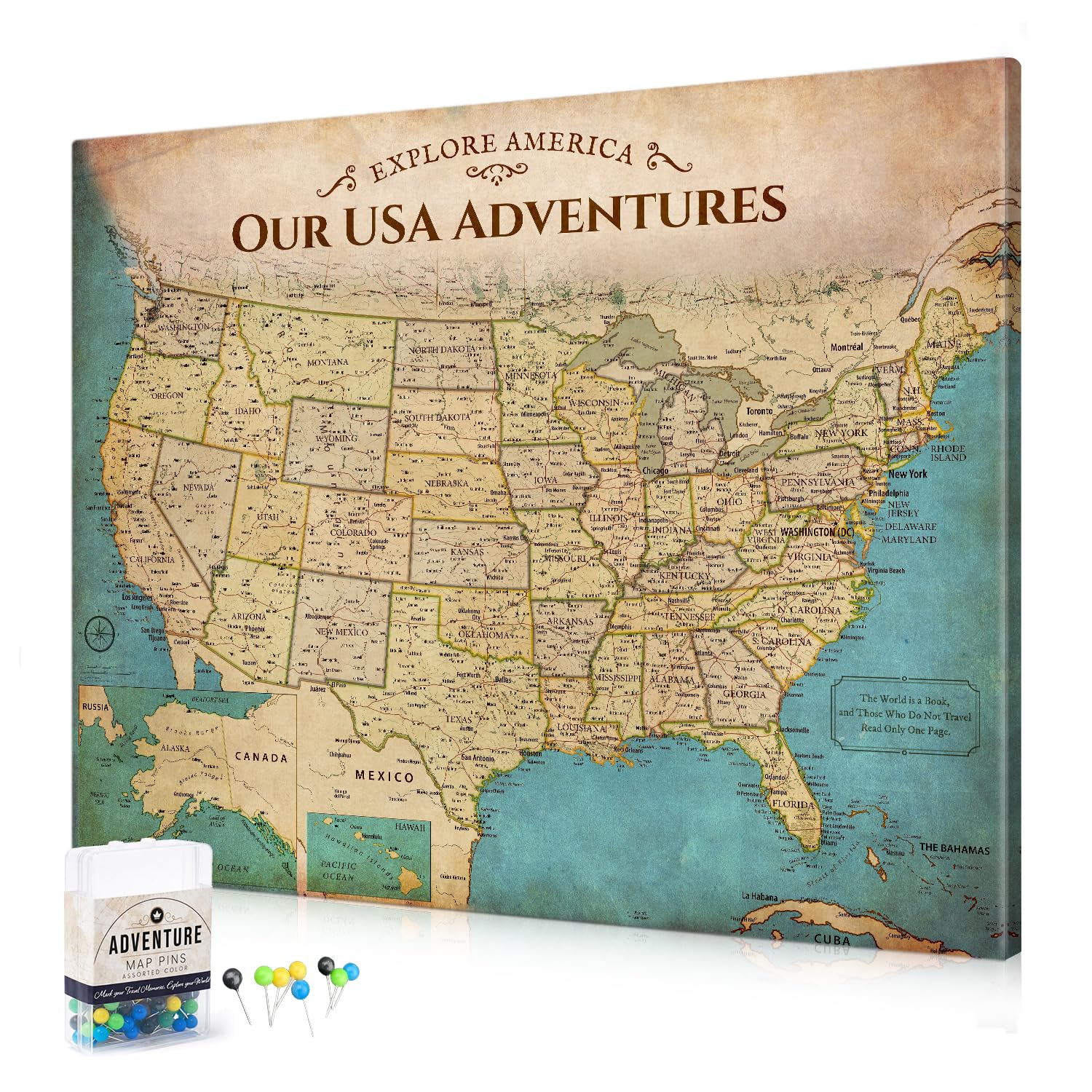 DECORARTS USA Travel Map with Pins, Antique USA Map Pin Board, 35x28''