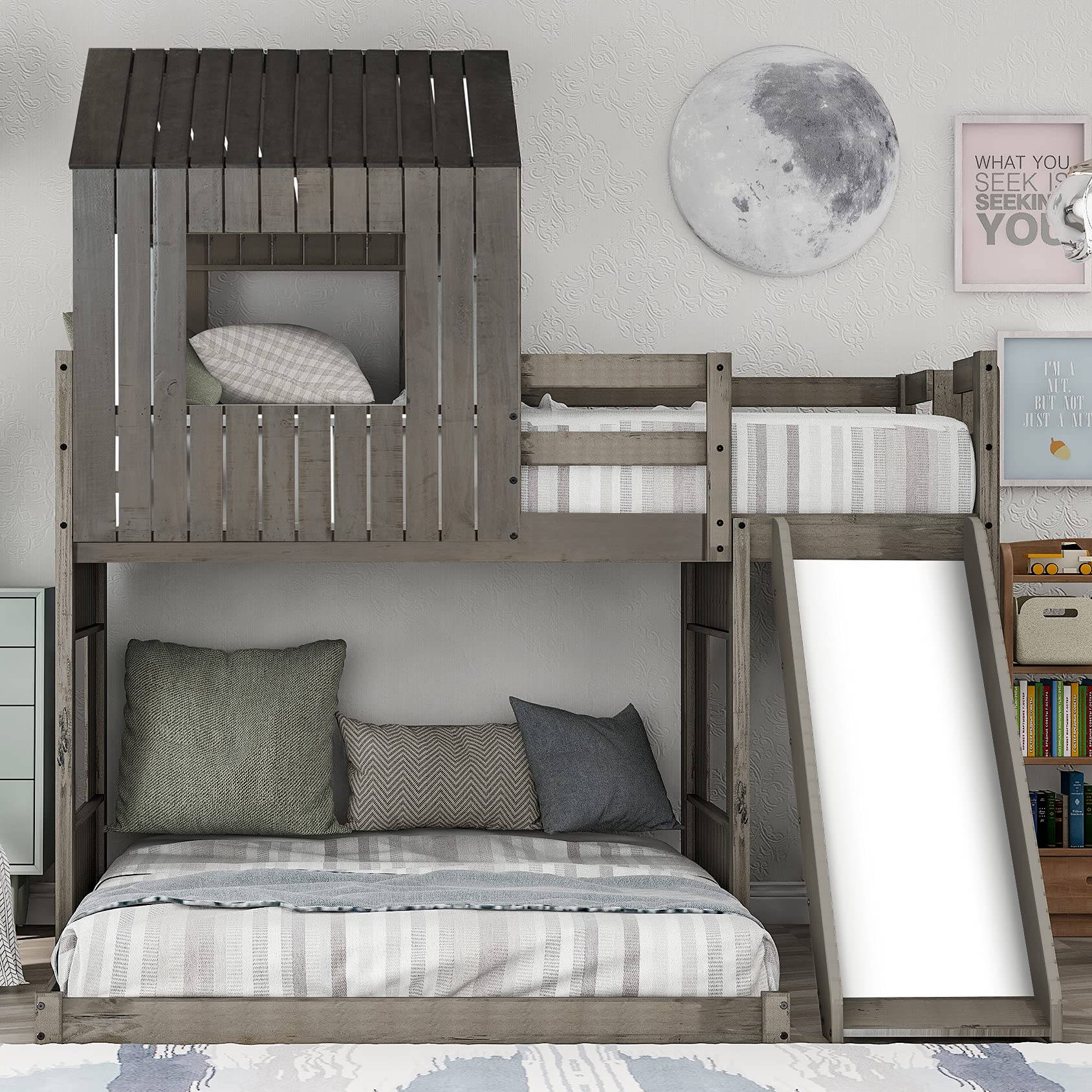 57/mo Finance House Bed Bunk Beds with Slide, Wood Bunk Beds with