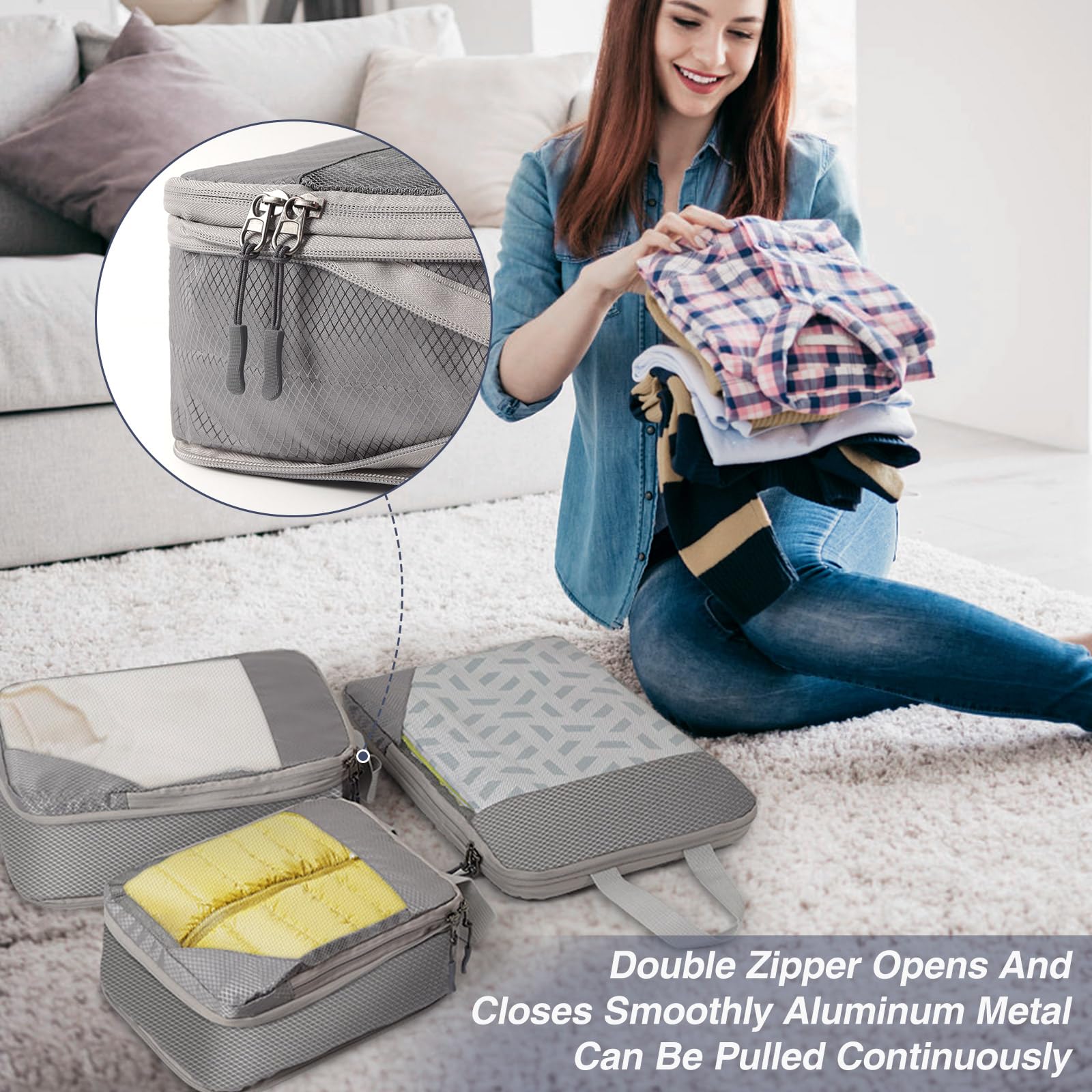 Set di 4 Organizer Valigia Compressione,Zip Packing Cubes Compression Organizer Valigie Salvaspazio Borsa da Viaggio in Rete