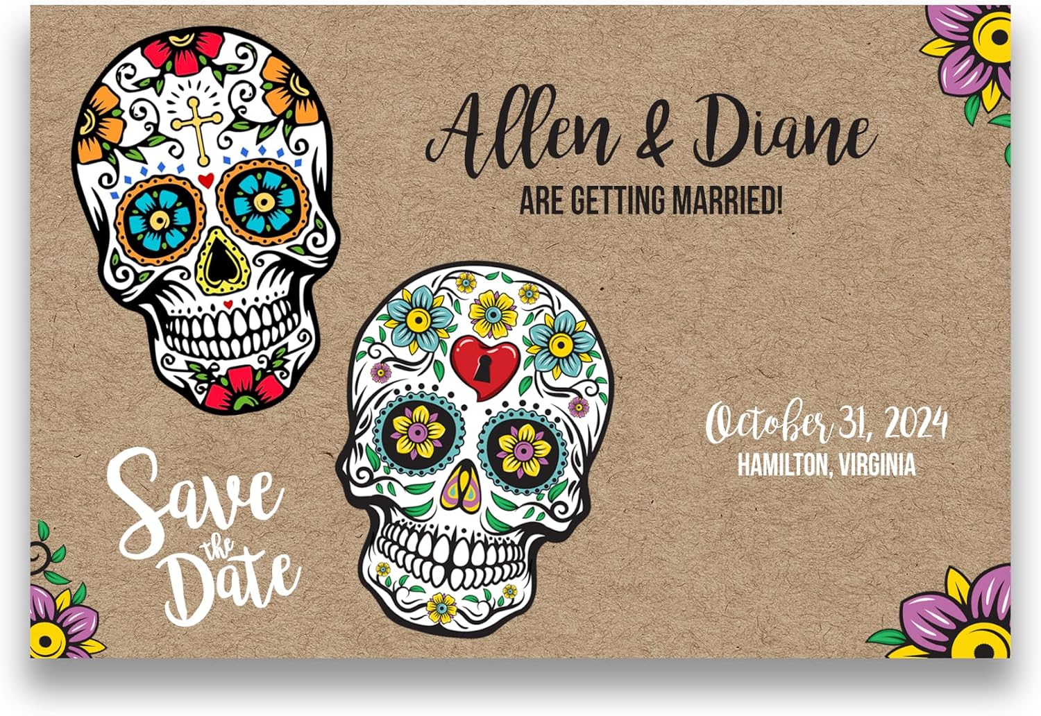 Sugar Skull Wedding Save the Date Cards - Kraft Day of the Dead Bridal Invitations - Personalized with Envelopes - Halloween
