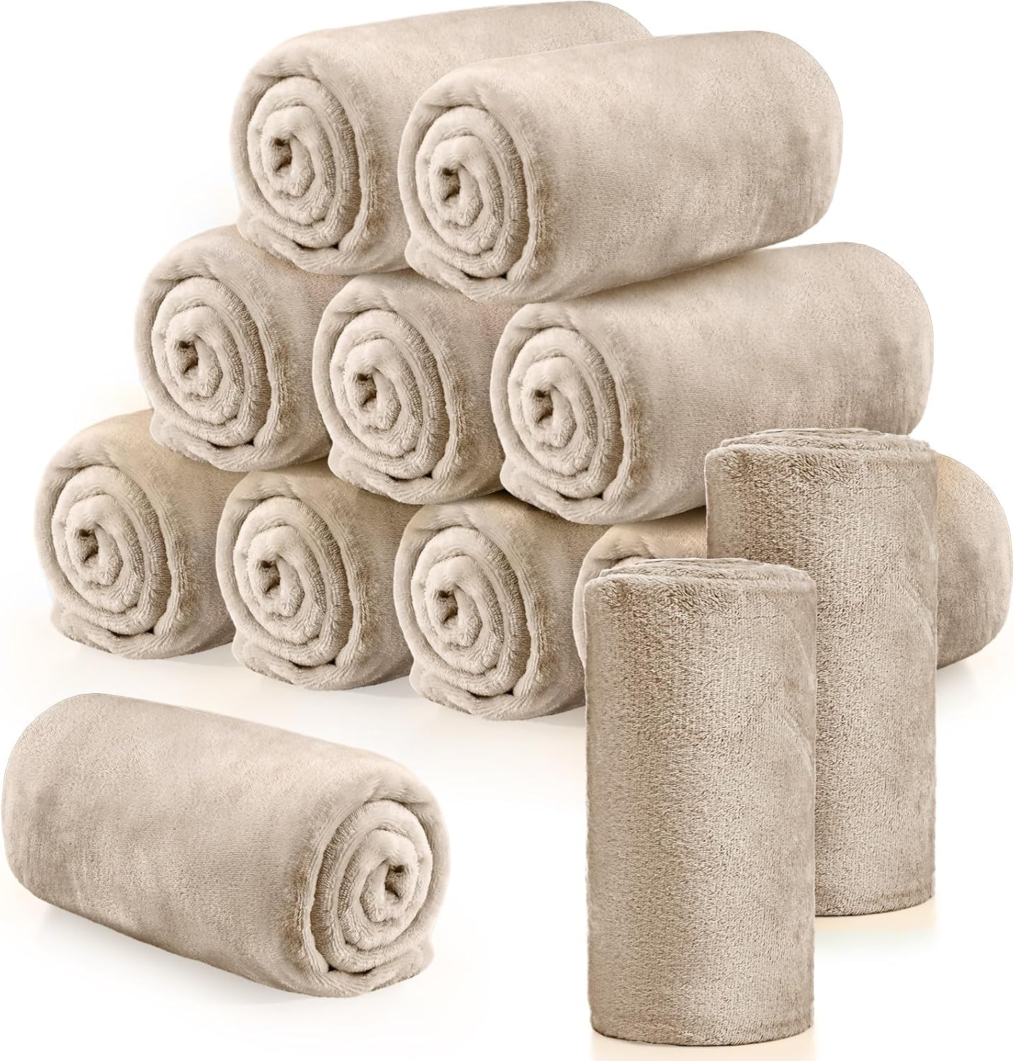 Tinideya 12 Pcs Flannel Fleece Throw Blanket Bulk 50 x 60 Inch Soft Fleece Blanket Warm Throw Blanket Coral Blankets for Couch Sofa Home Wedding Gifts Season (Khaki)