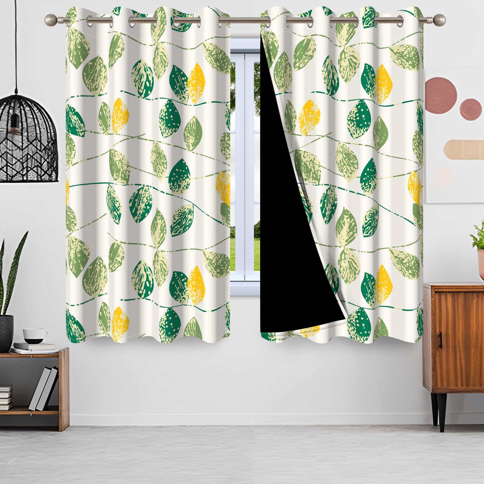 ggaimwf 132x214cm Leaf Blackout Curtain Green Yellow Leaves Seamless Retro Painting Eyelet Drapes Thermal Insulated Grommet Window Treatments for Living Room Bedroom Dining Room,Single Panel - Image 4