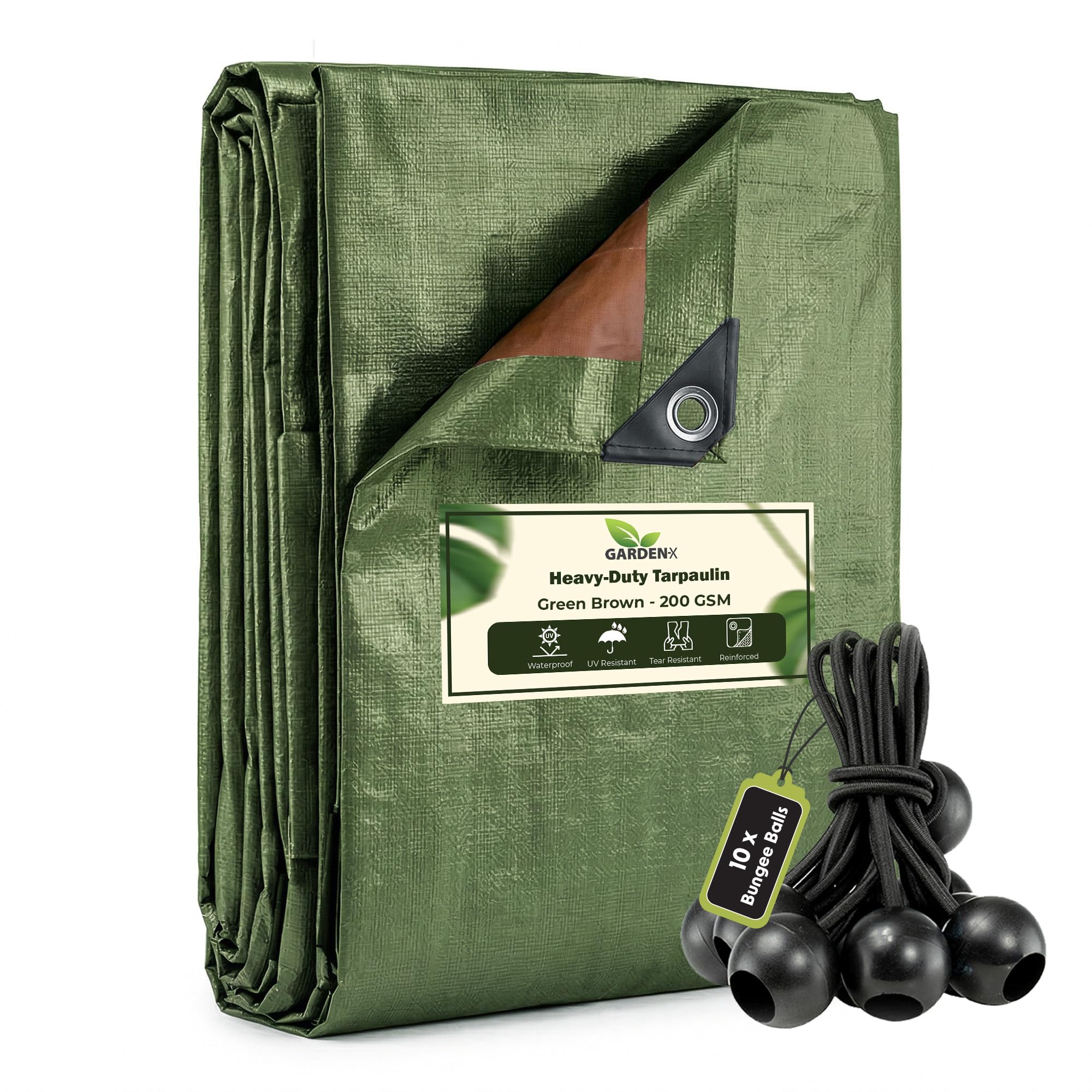 GARDENIX 4m x 4m Green Brown Heavy Duty 200gsm -eyelets every 50 cmTarpaulin Waterproof Tarp Sheet Cover, Groundsheet, Multipurpose, Reinforced + 10 x 4" Bungee Balls (Black)