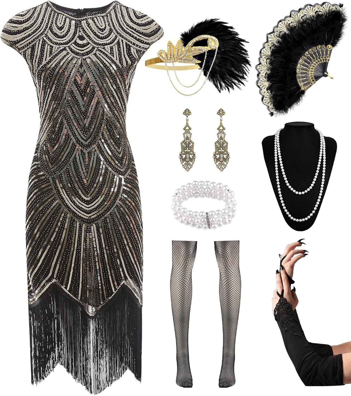 Women's Flapper Dresses 1920s Sequin Fringe Beaded Cocktail Crew Neck Dress Roaring 20s Accessories Vintage Lace Fan Headband
