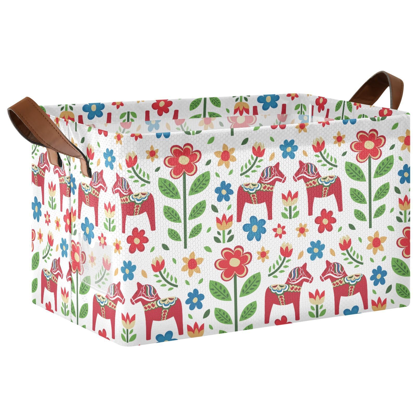 Yasala Shelf Basket Swedish Dala Horse Spring Flower Foldable Nursery Storage Bin Organizer Closet Bin with Handle Clothes Container Laundry Hamper Decorative Cube