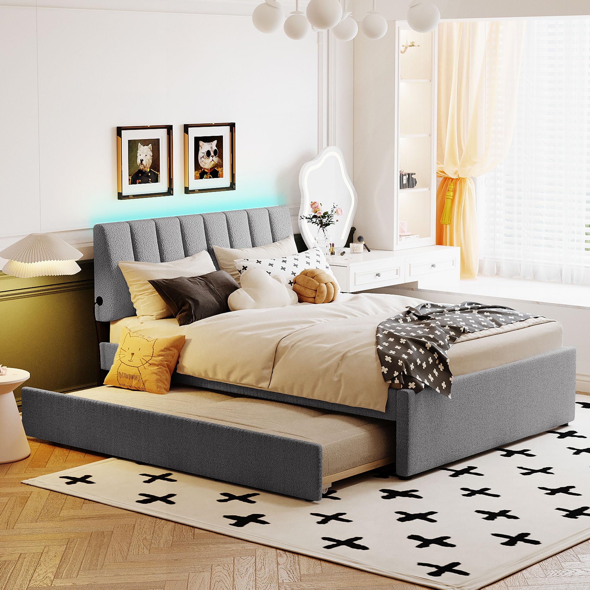 Photo 1 of Chilassic Eddy Fleece Full Size Upholstered Platform Bed with Twin Size Trundle, Remote-Control LED Lights, Solid Frame & Extra Sleeping Space (Gray, Full)