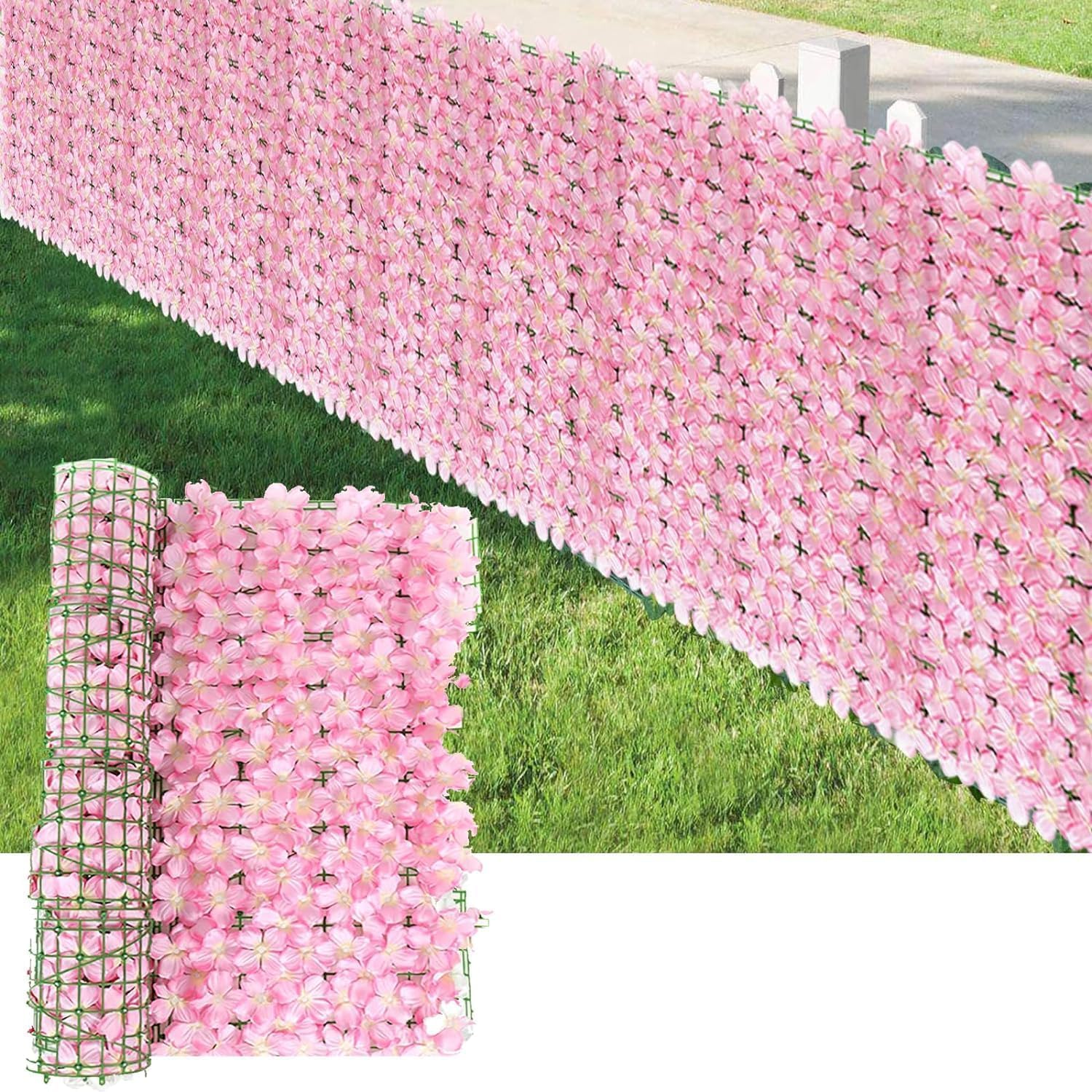 Artificial Floral Privacy Fence Screen, 300X50cm Faux Ivy Fence Covering Privacy Flower Grass Wall Backdrop for Outdoor Garden Patio Balcony (Pink(300 * 50cm))