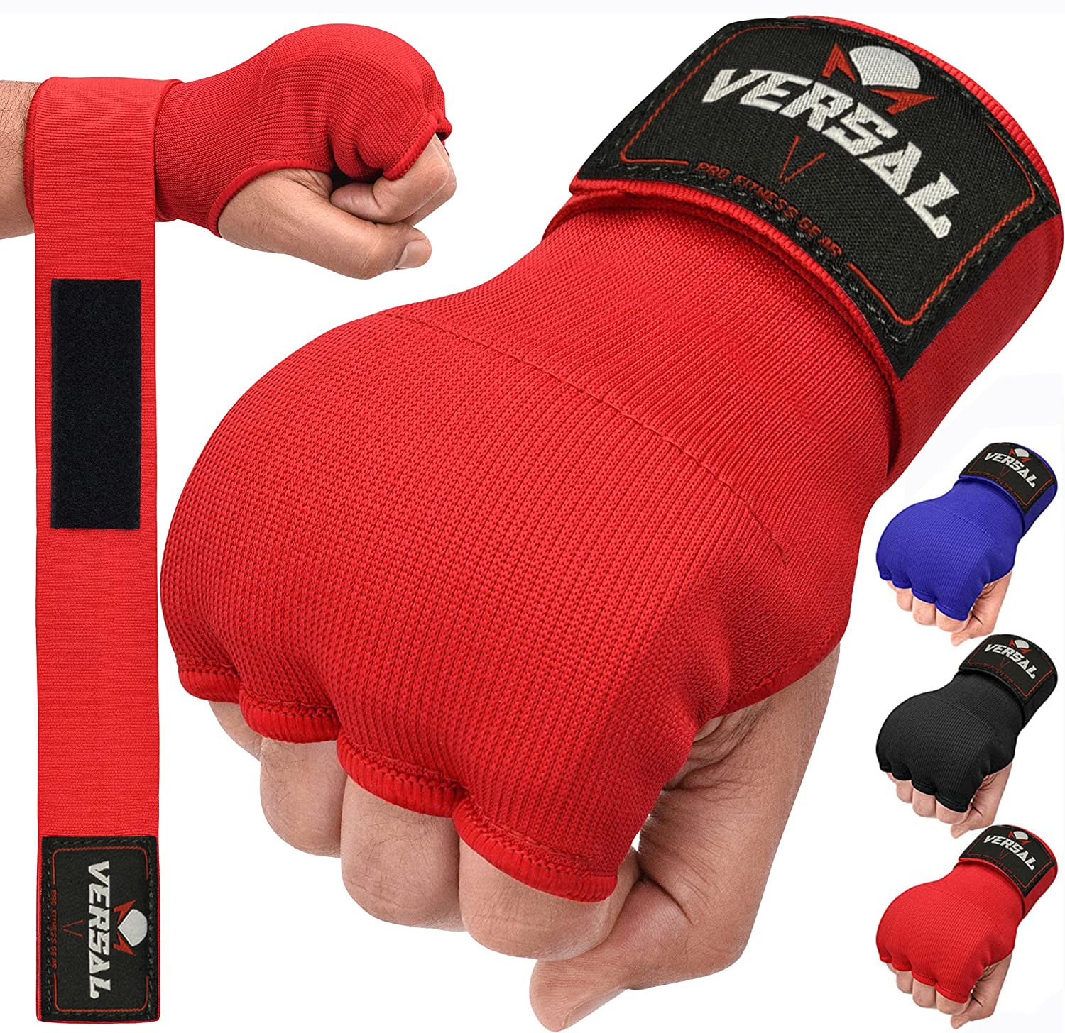 VSL Boxing Hand Wraps Inner Gloves, Gel Padded Quick Wraps Elasticated Wrist Support Bandages, Fist Protector Martial Arts MMA Punching Speed Bag Training Under Mitts Handwraps (Red, S/M)