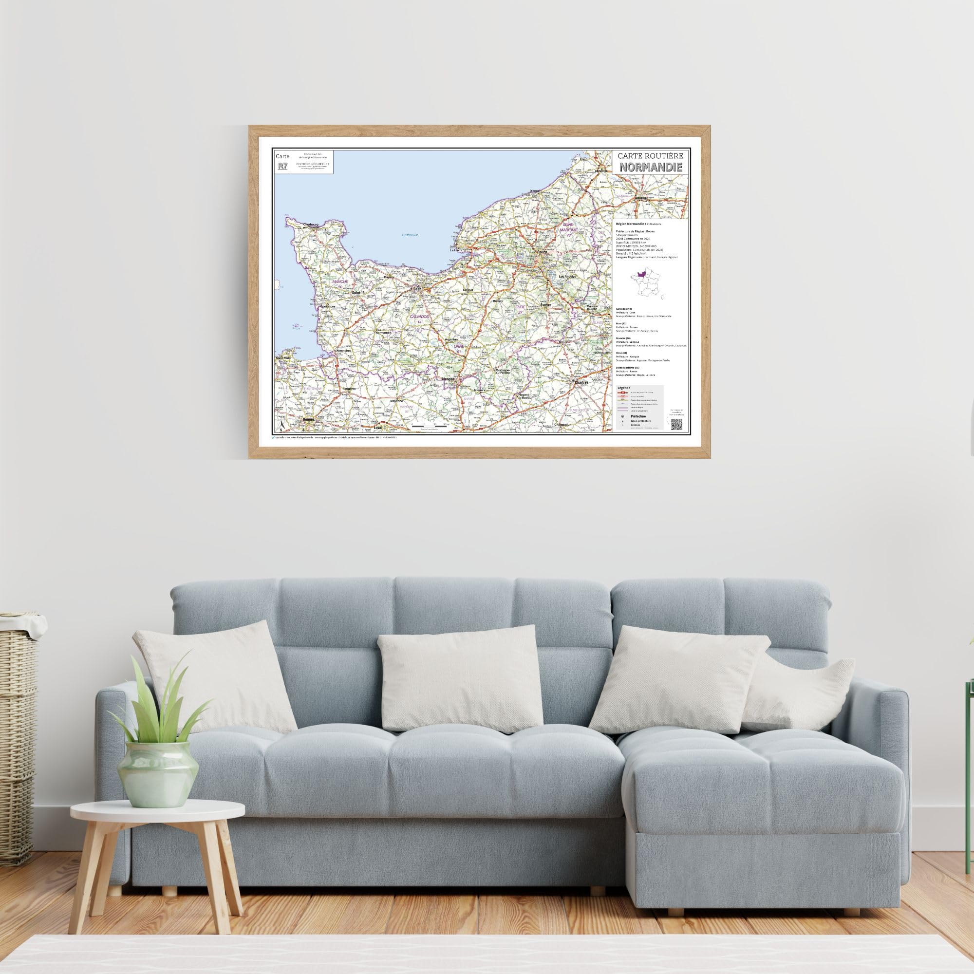 Carte routière de la région Normandie - Poster plastifié 100x70 cm - Édition 2026
